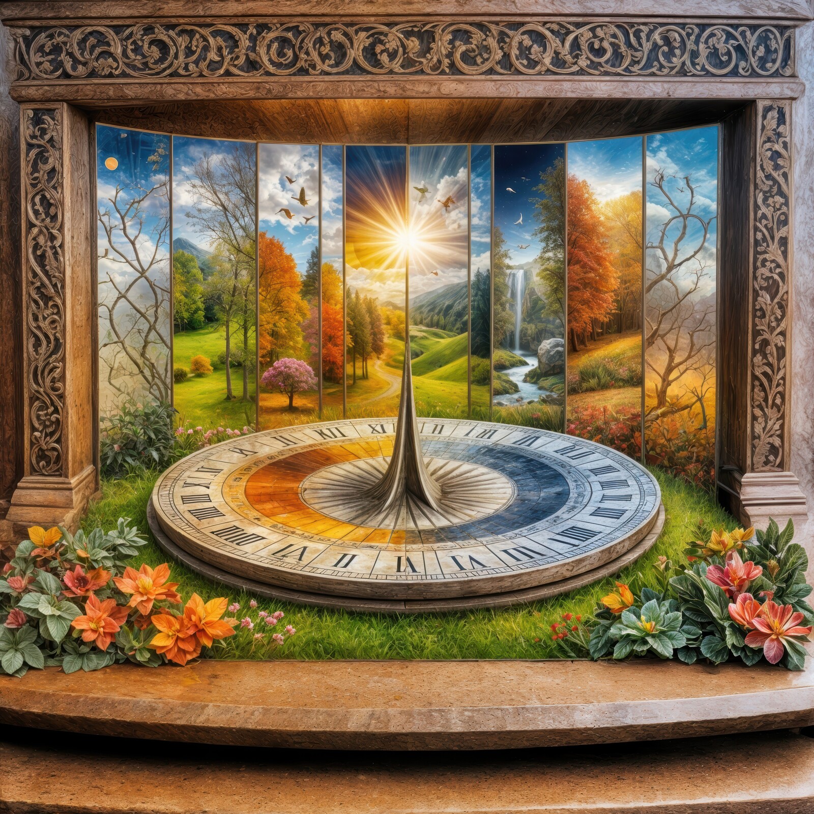 Creative seasonal clock showcasing nature's beauty across the year with vibrant landscapes and captivating designs