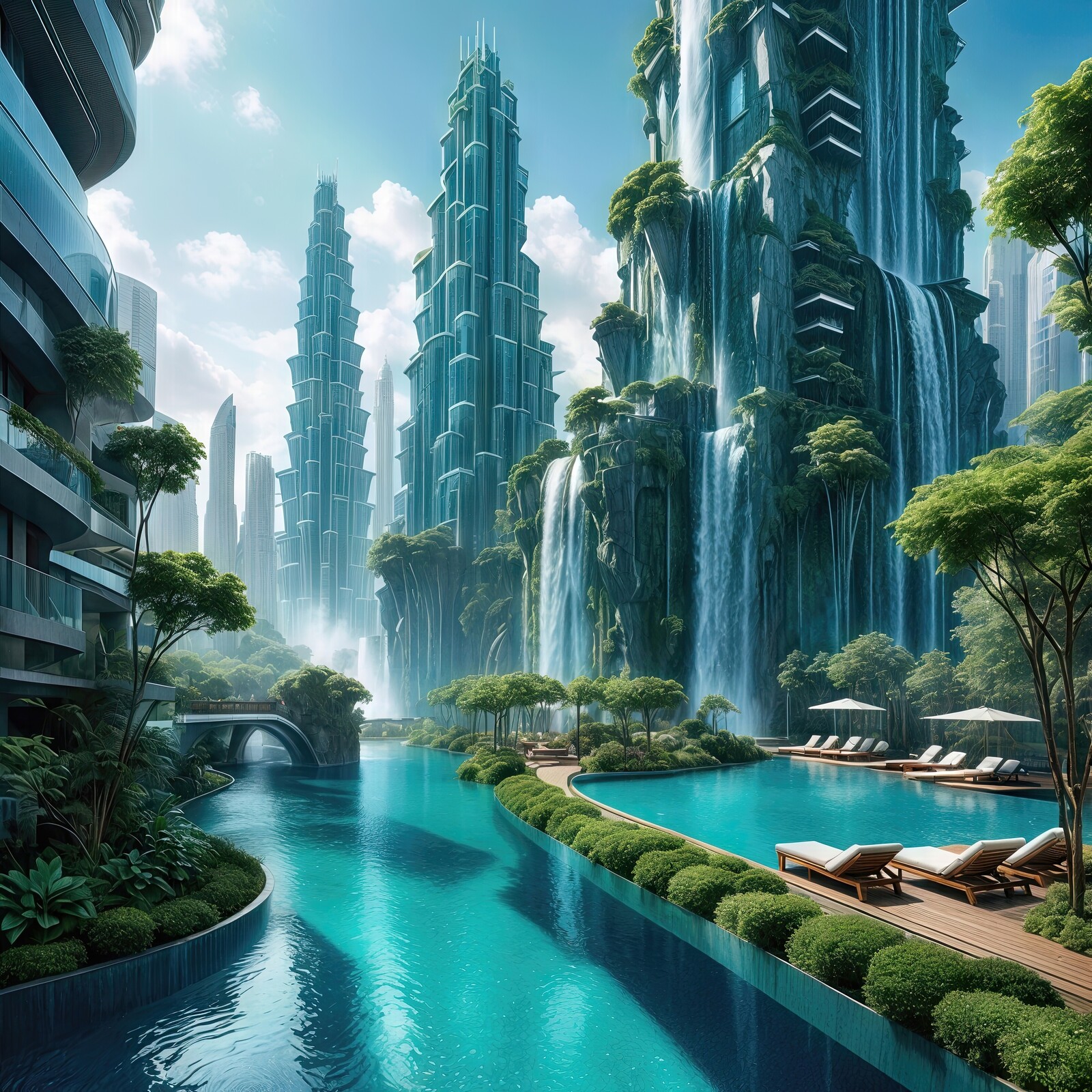 Serenity found in futuristic urban landscape featuring cascading waterfalls and tranquil pools