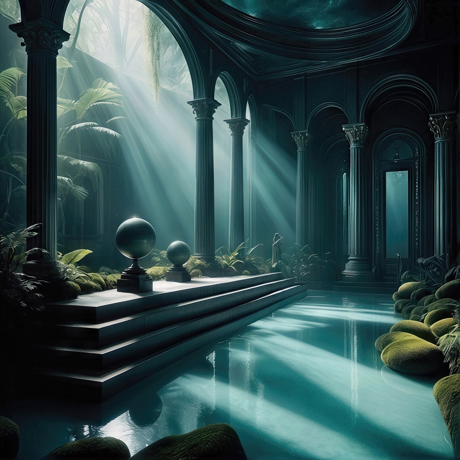 Enchanting rays illuminate a serene temple hidden in a lush, tranquil oasis