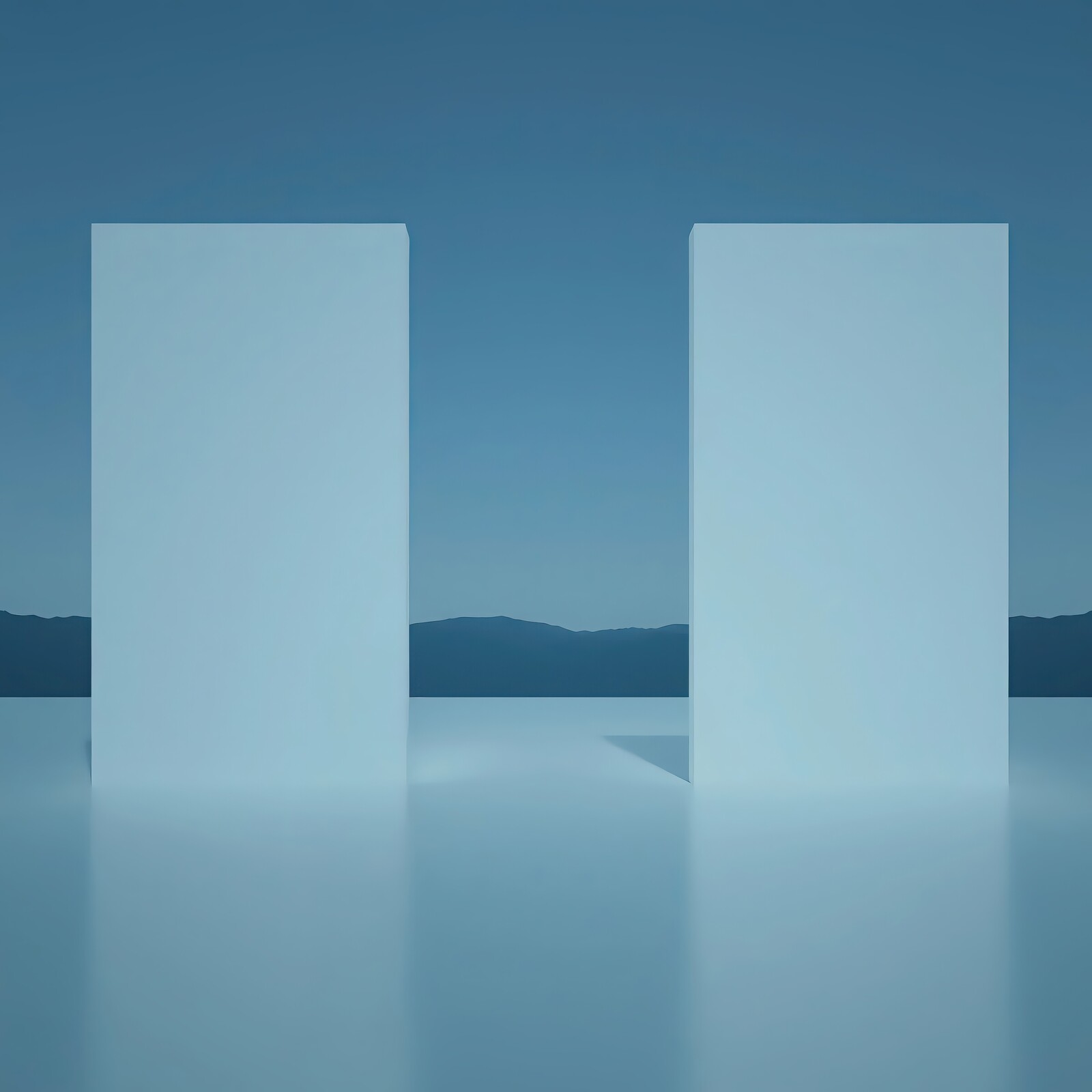 Calm serenity envelops liminal minimalist structures against a tranquil sky and distant mountains at dusk