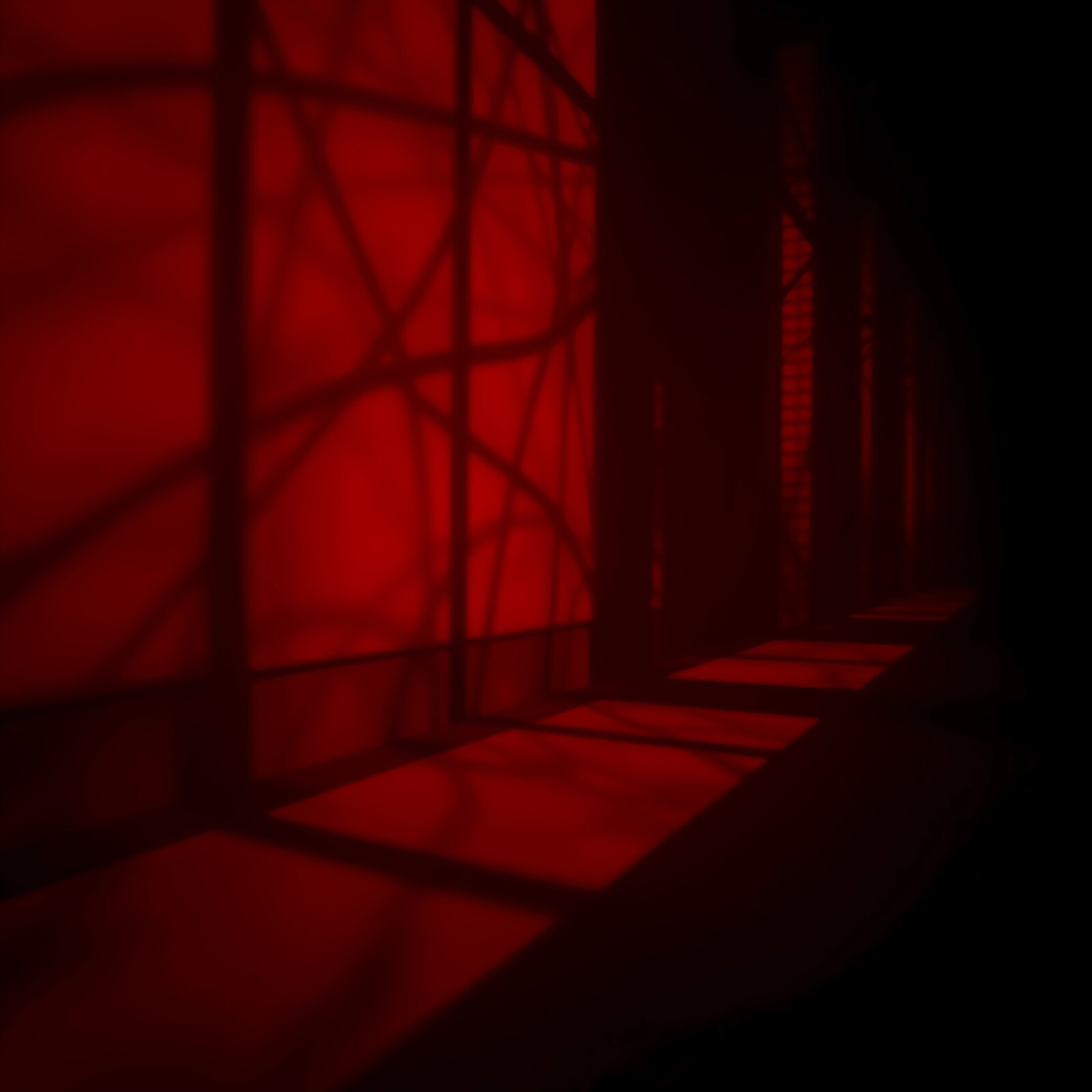 Intricate shadows dance across a crimson wall in a mysterious indoor setting at twilight