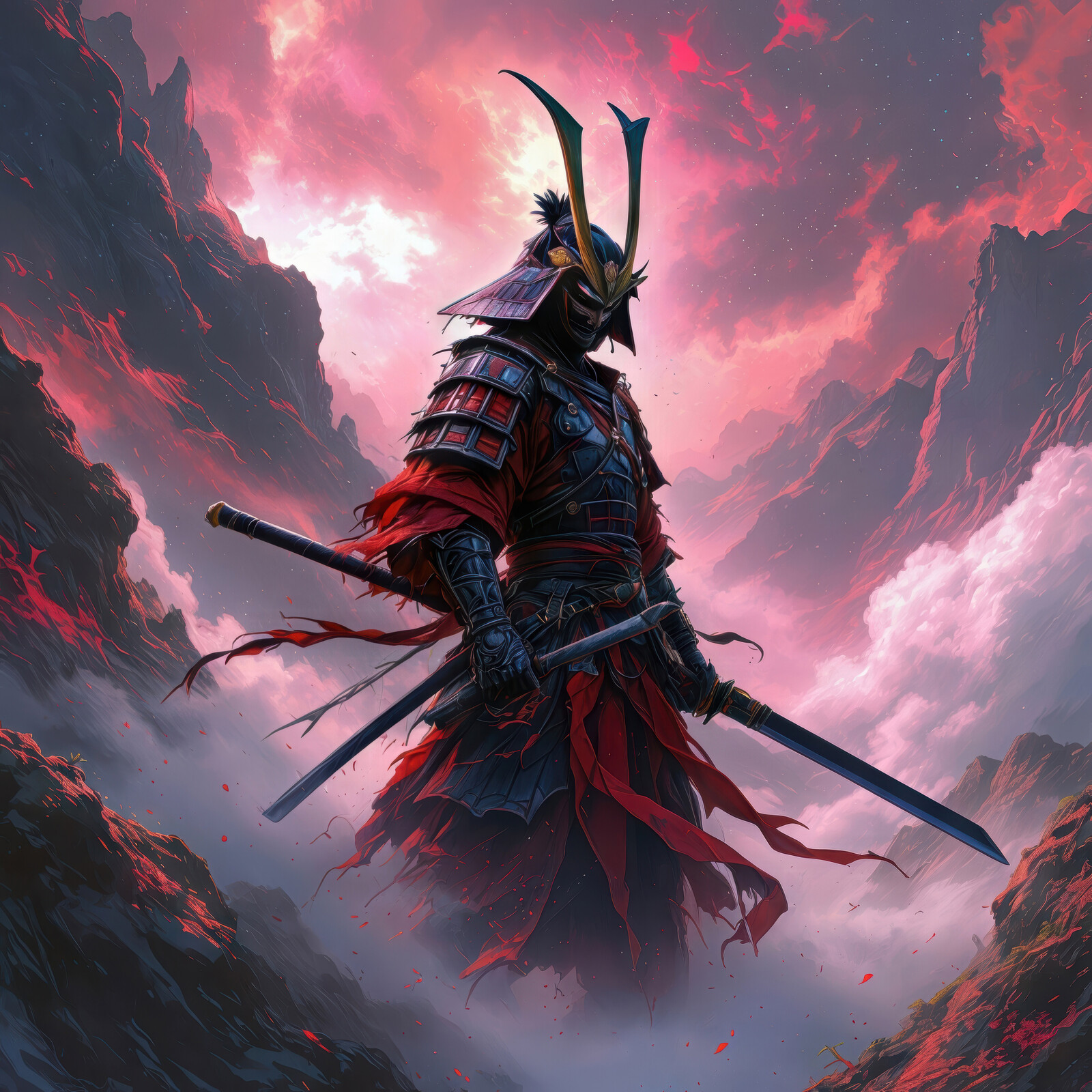 Shogun warrior stands boldly against a fiery sky amidst jagged peaks in a fierce display of strength