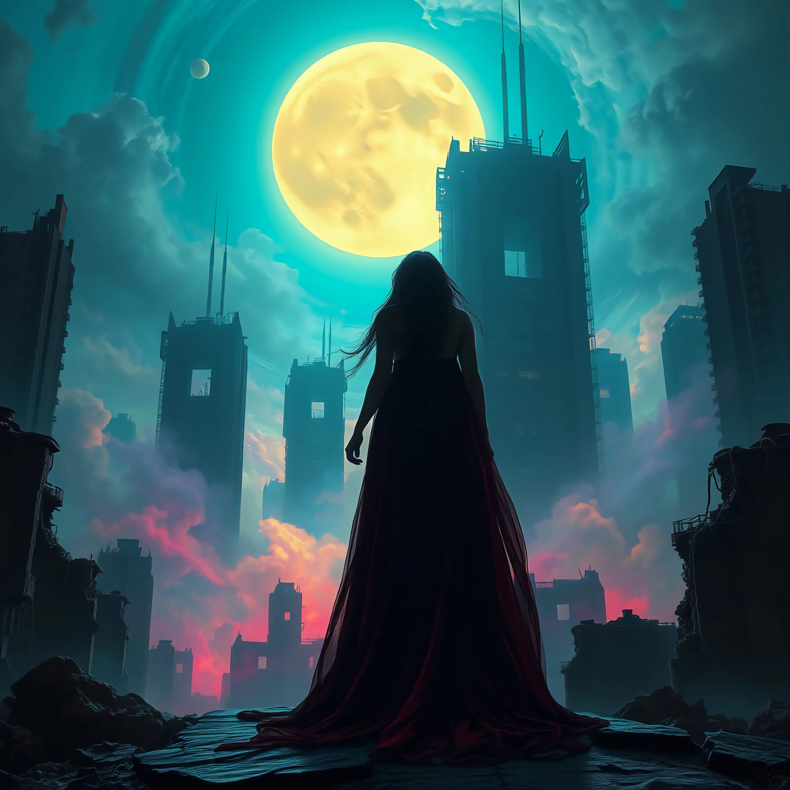 Silhouette of a figure in a flowing gown against a moonlit dystopian cityscape at twilight