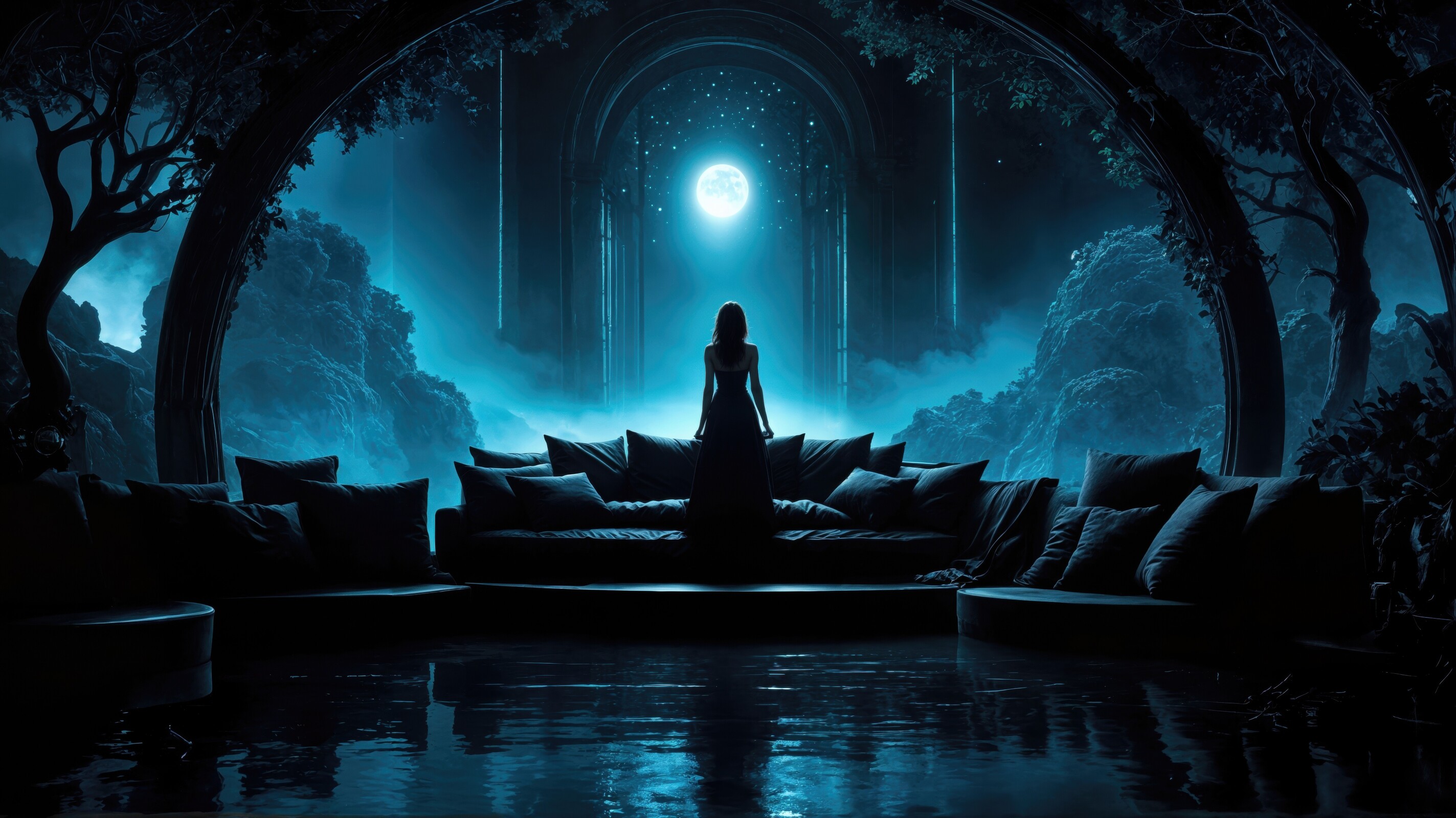 Mysterious silhouette awaits moonlit magic in an enchanted forest setting