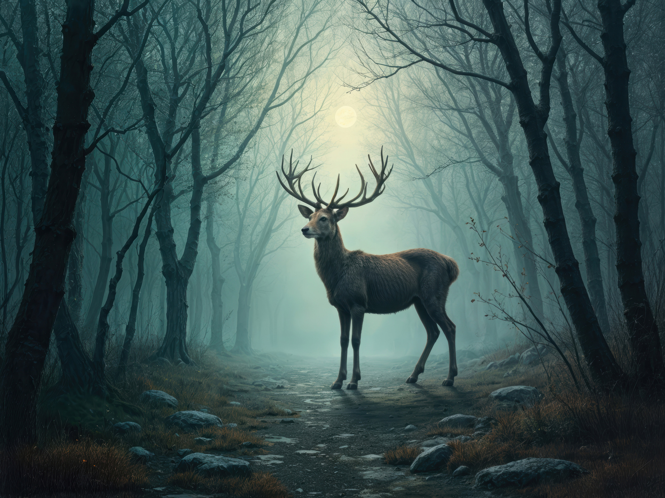 Mystical encounter with a majestic stag in an eerie, foggy forest at twilight