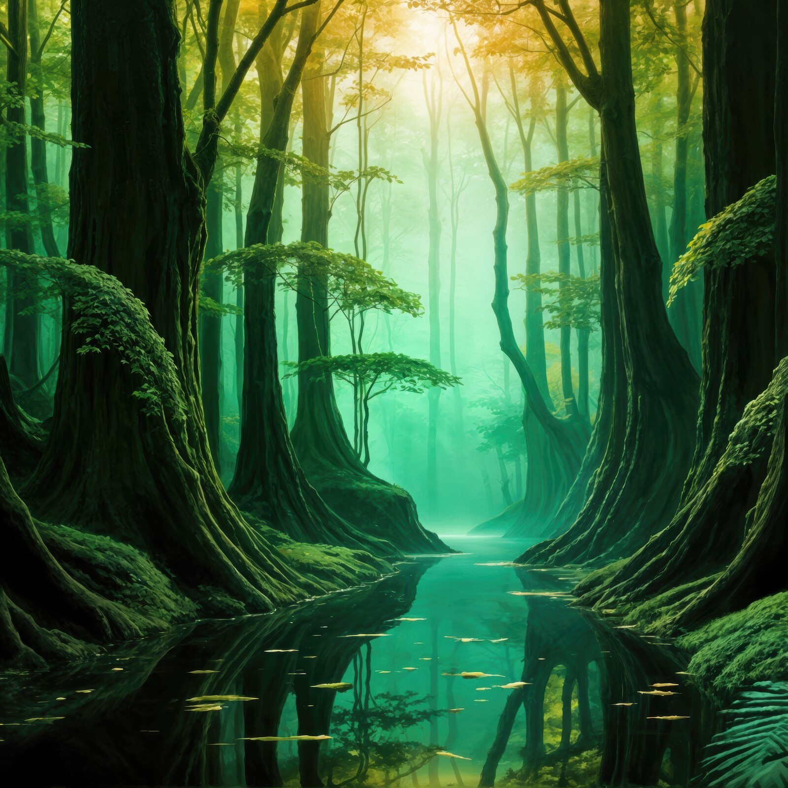 Enchanting liminal forest with radiant sunlight illuminating tranquil waters and lush greenery in a serene setting