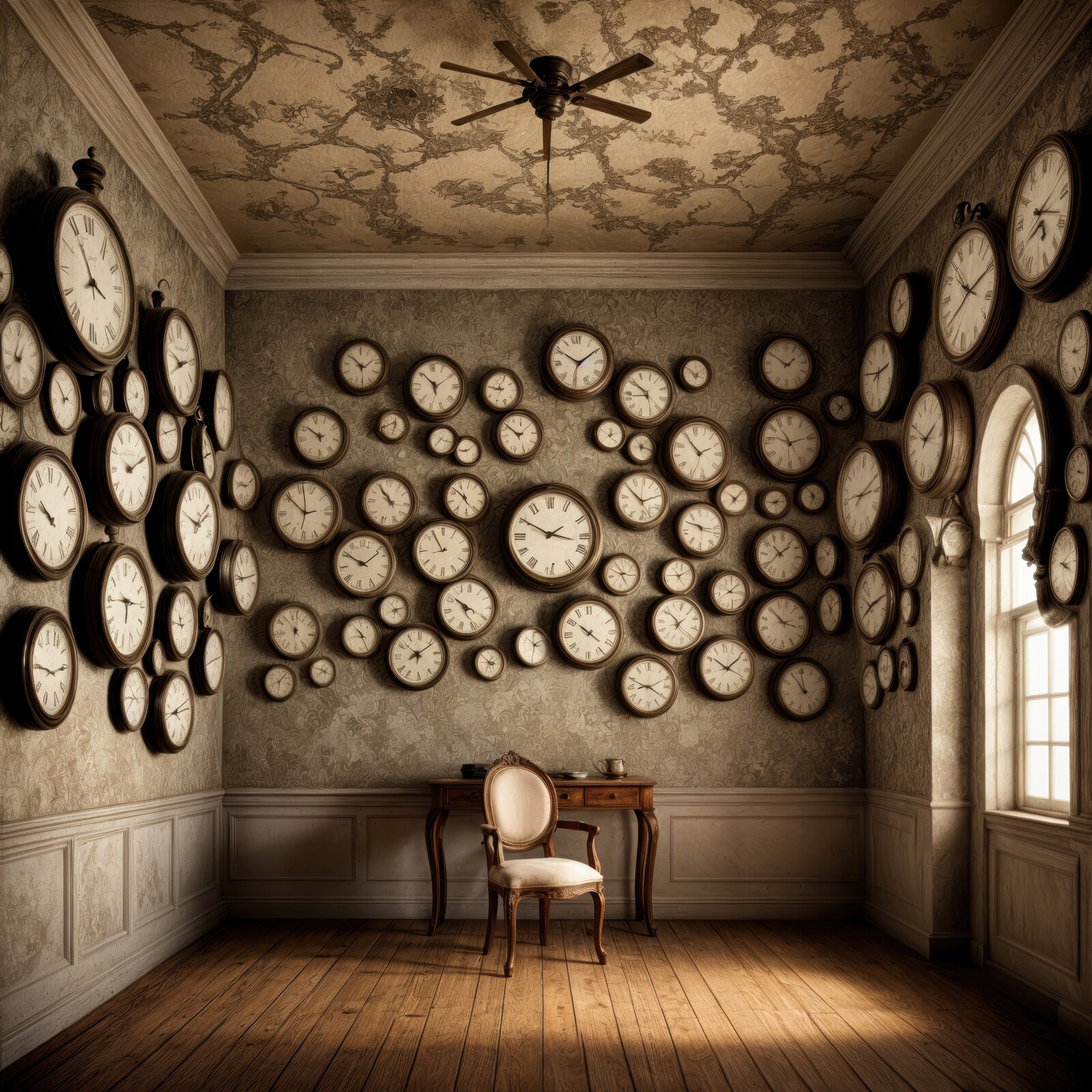 Time stands still in a room filled with clocks surrounded by intricate decor and a vintage atmosphere