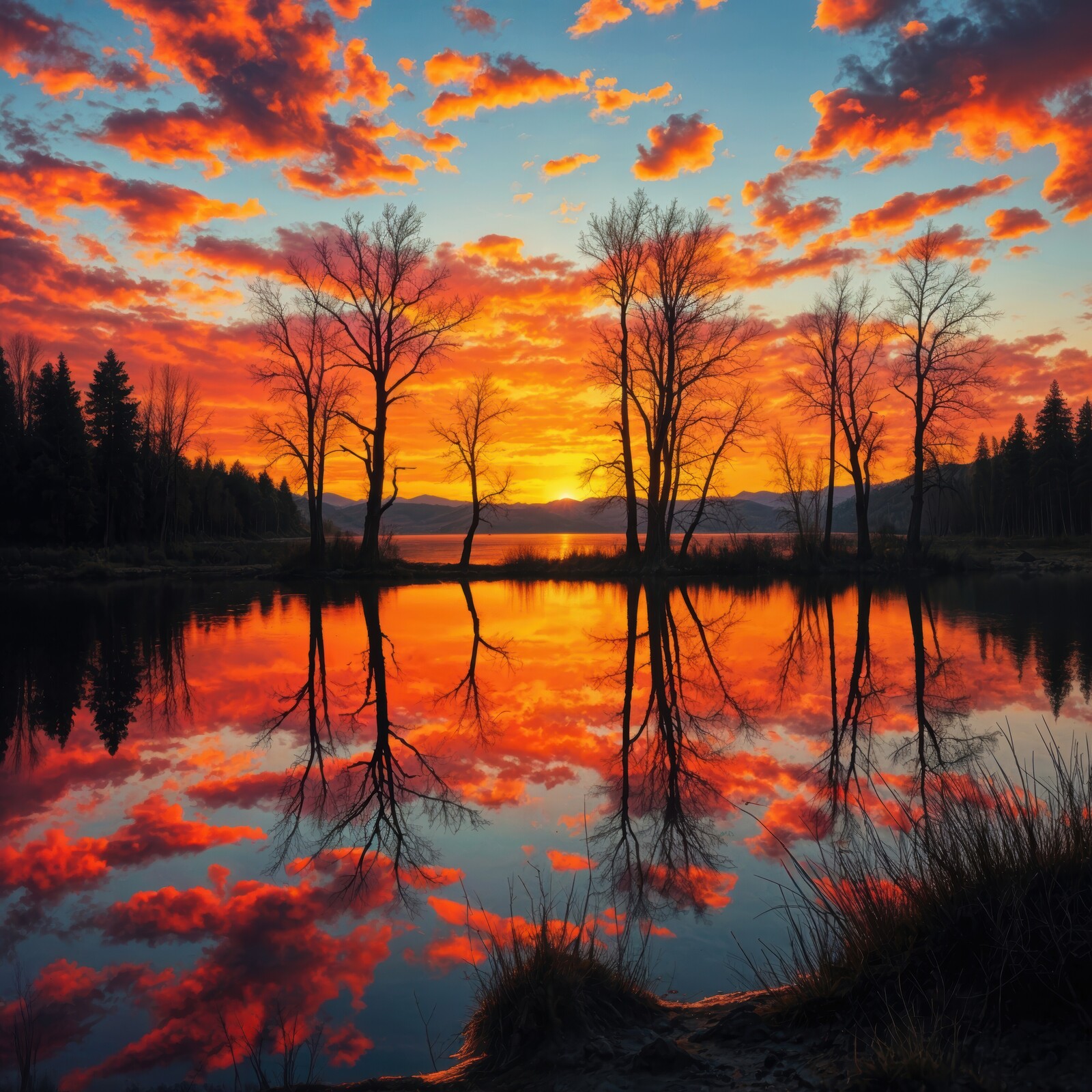 Stunning sunset reflections over a tranquil lake with silhouetted trees and vibrant clouds