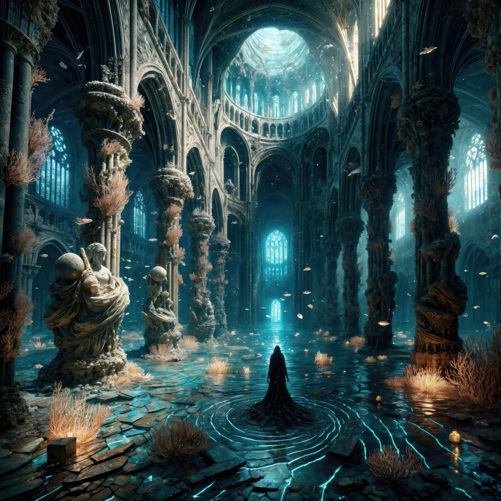 Enchanted ruins of an ancient cathedral illuminated by ethereal light and surrounded by aquatic wonders