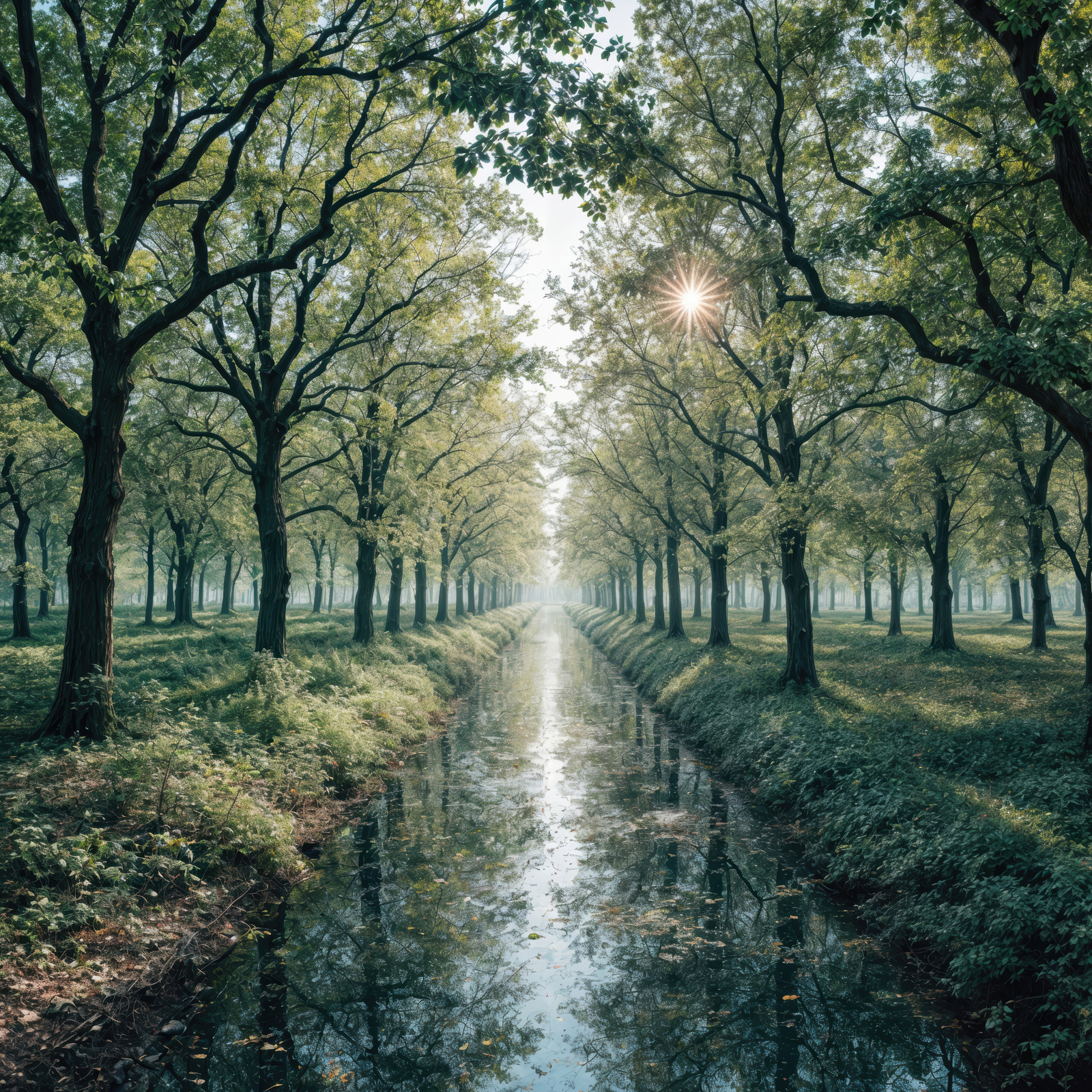 Exploring the enchanting tranquility of a sunlit forest path alongside a serene waterway