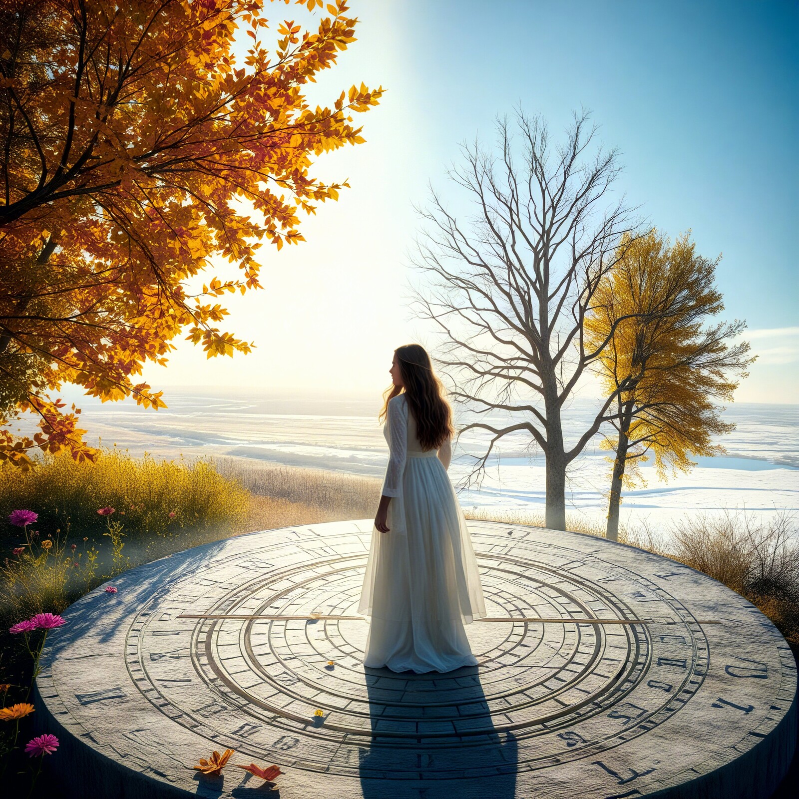 Enchanted moments at sunrise by the lake with autumn leaves in the foreground and mystical symbols on the ground