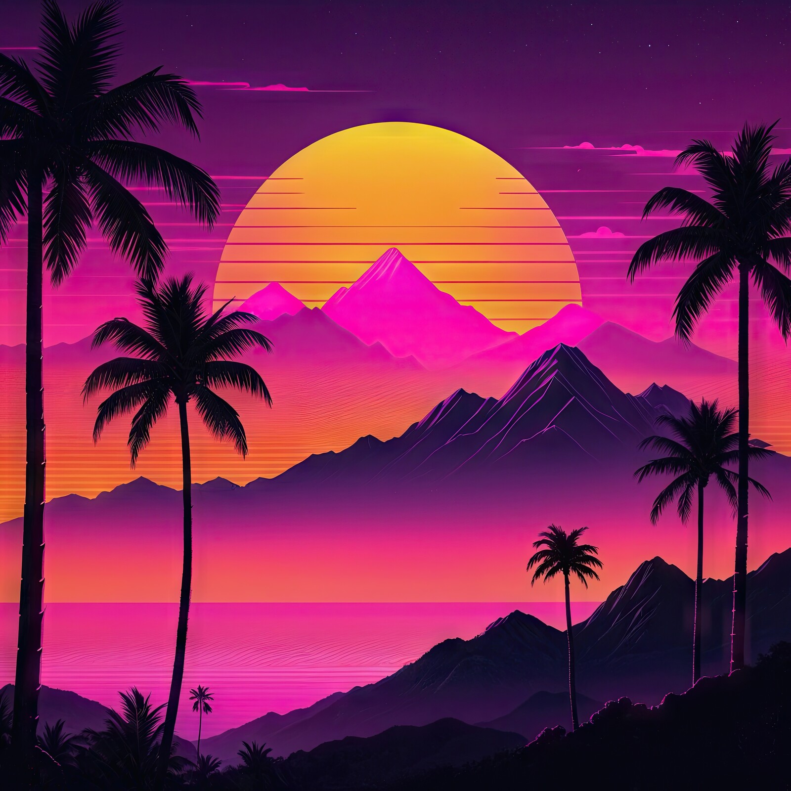 Vibrant 80s sunset over majestic mountains with silhouetted palm trees in a tropical paradise