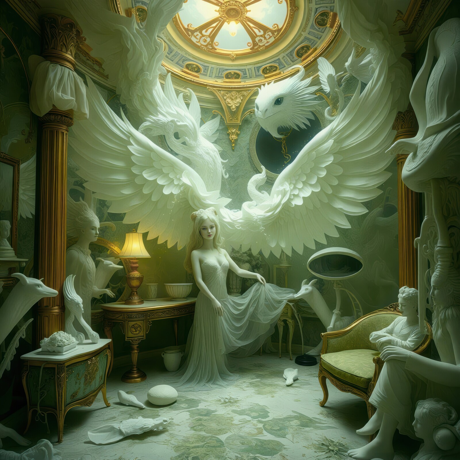 Ethereal sanctuary with majestic swan wings and a serene figure in a dreamlike interior