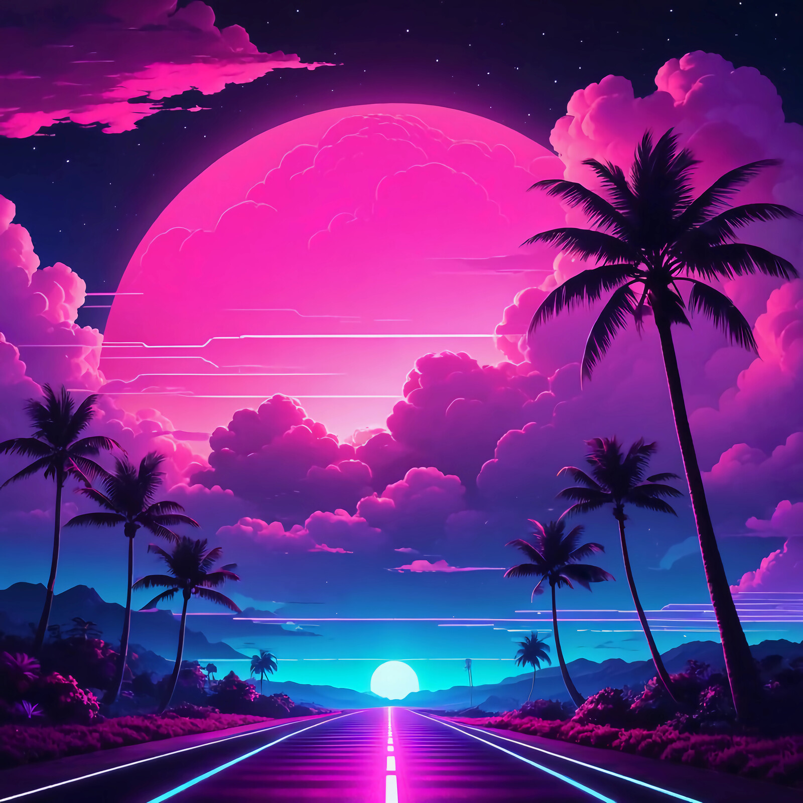 Vibrant 80s synthwave twilight journey along a palm-lined road under a surreal pink moon
