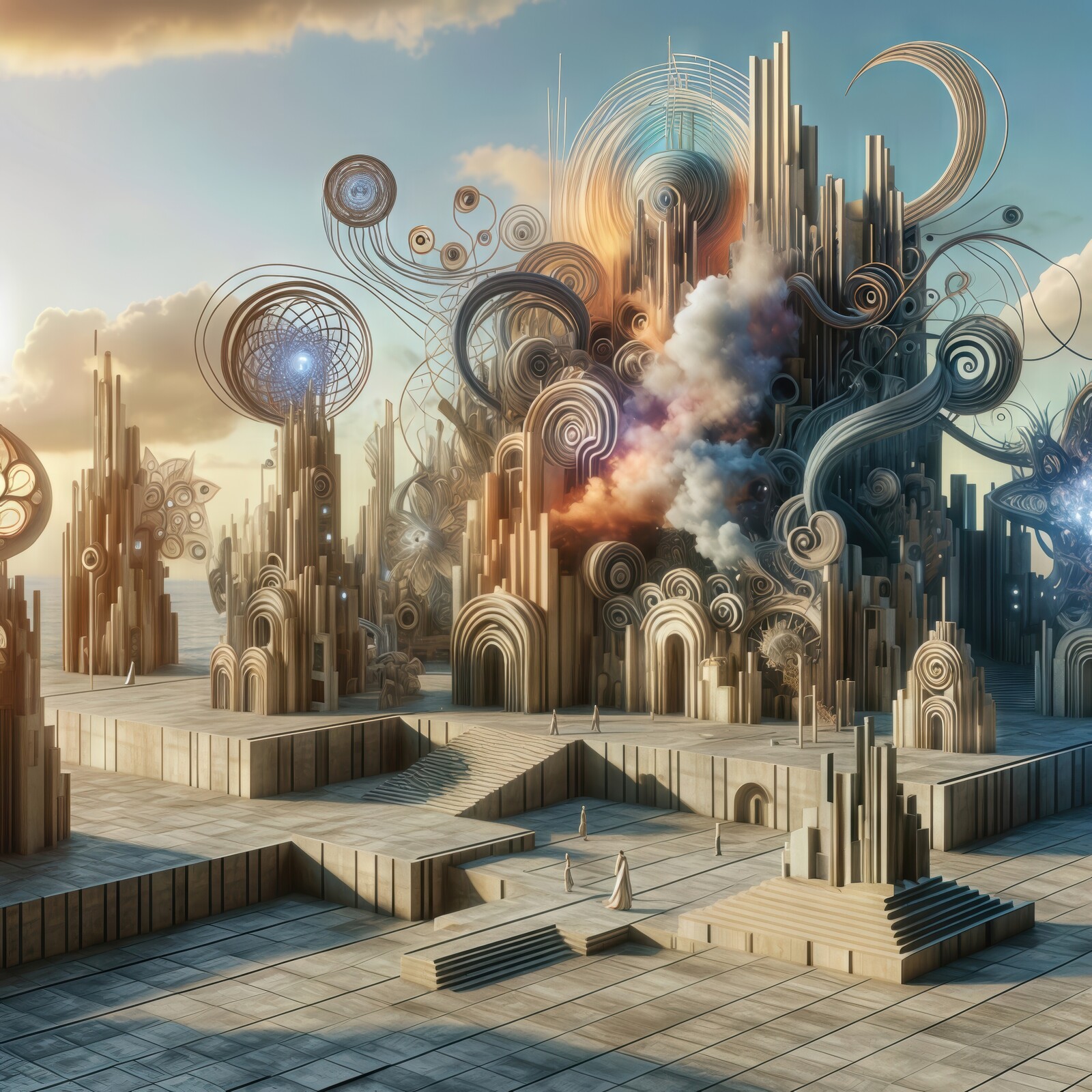 Surreal landscape of towering structures with swirling clouds at sunset in a dreamlike realm