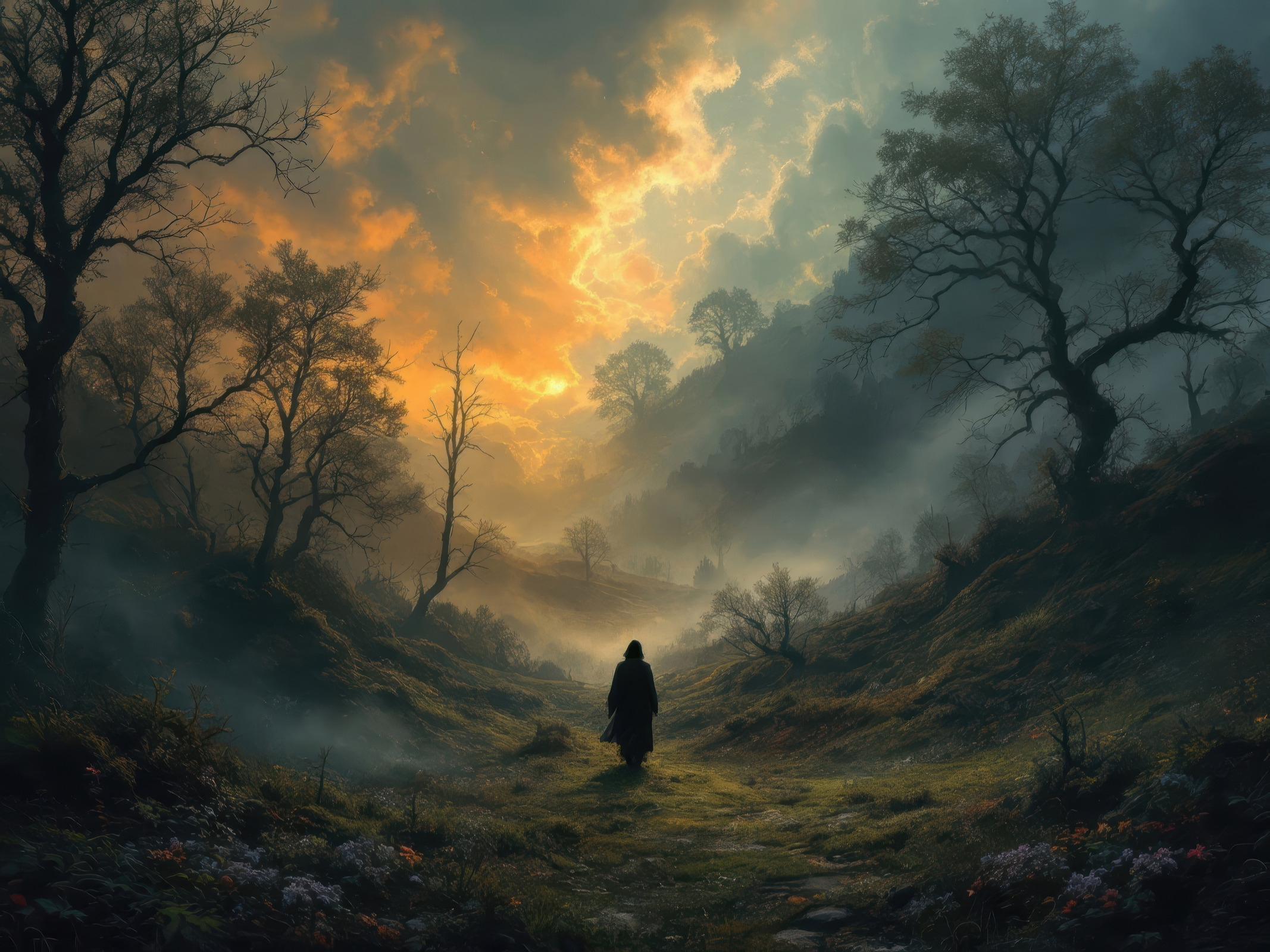 Mysterious traveler walks through a liminal forest at twilight, surrounded by mist and fading light