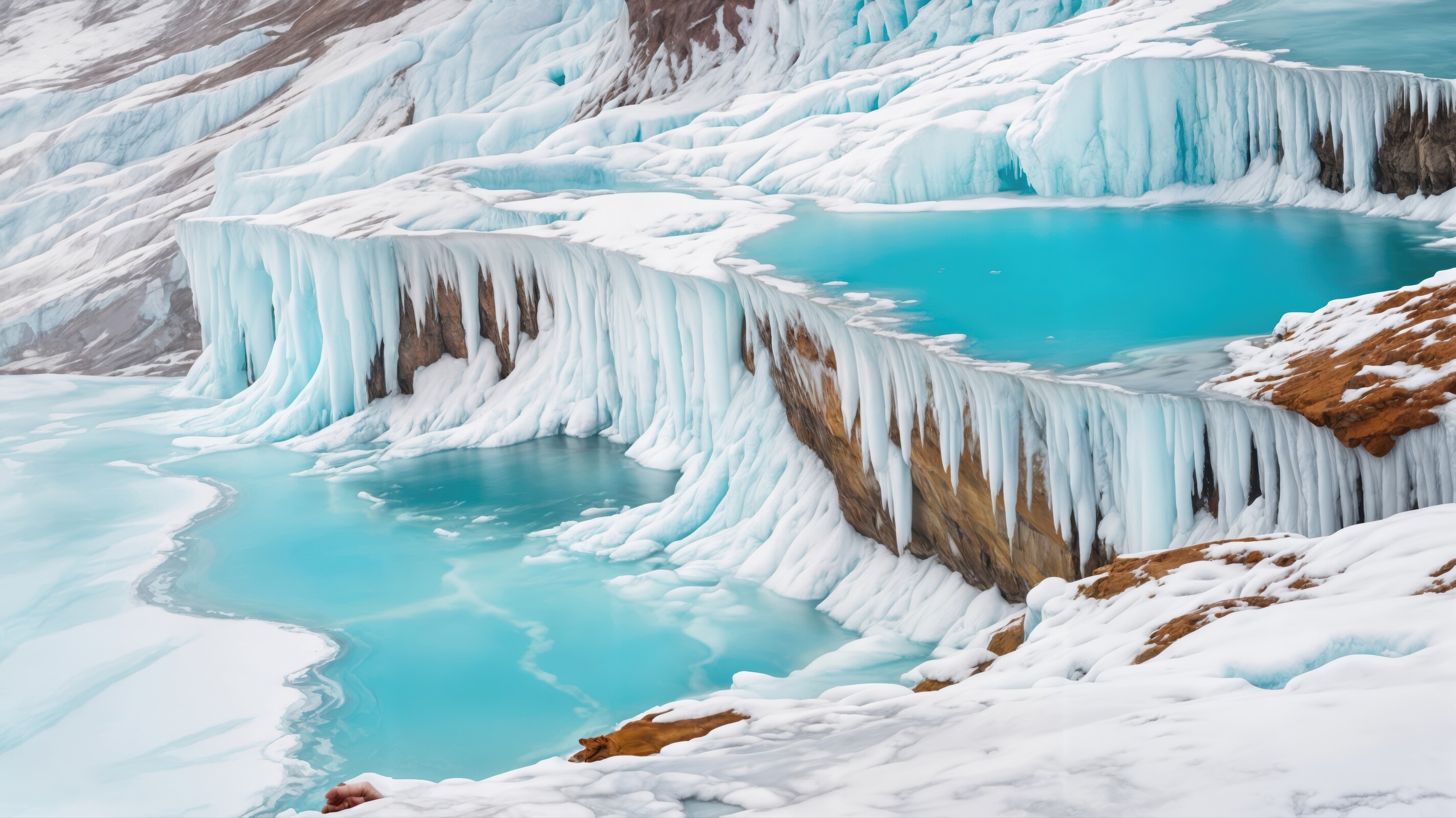 Stunning turquoise ice formations and frozen landscapes in a remote alpine region during early spring