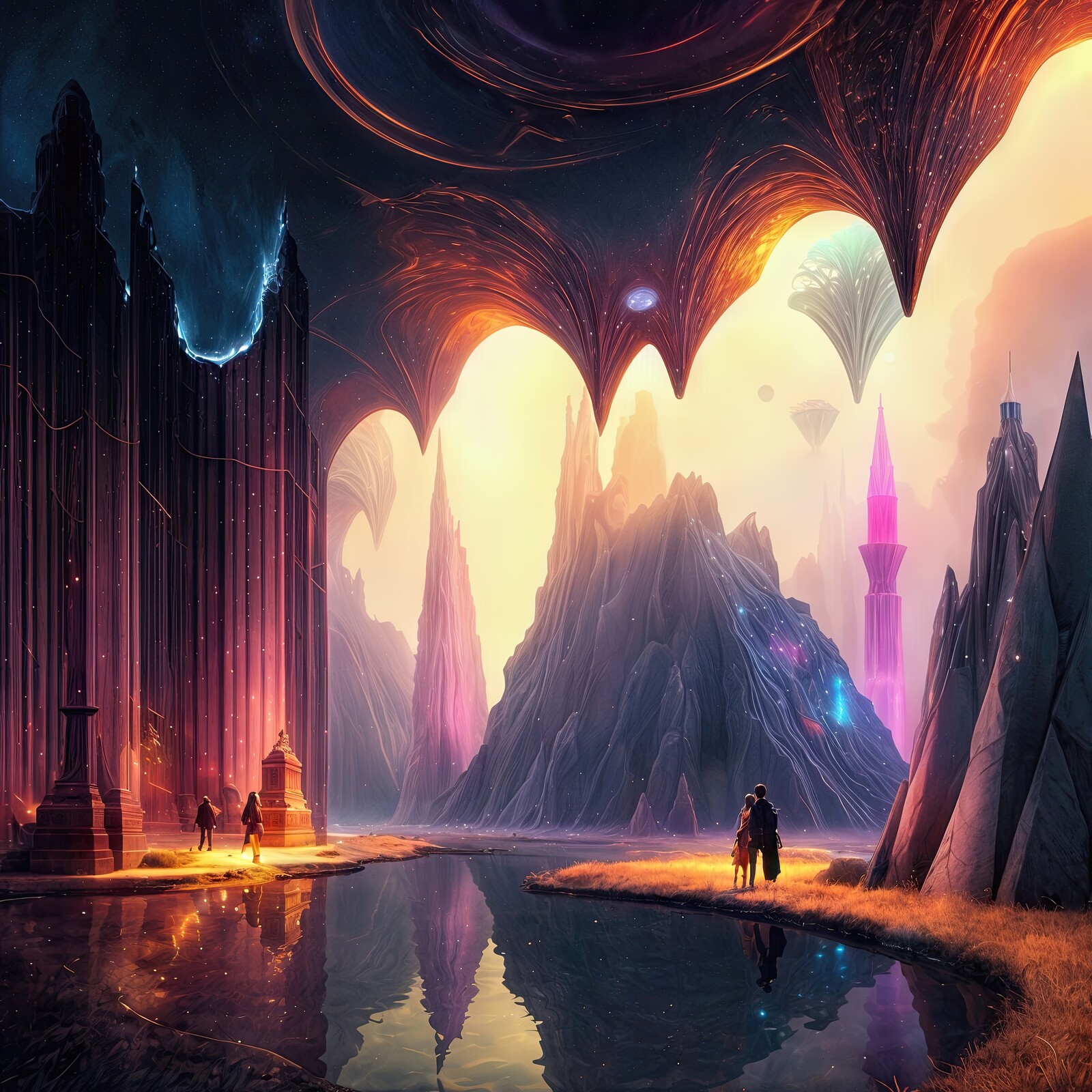 Glistening twilight reveals an enchanting realm of surreal landscapes and mystical figures by a tranquil lake