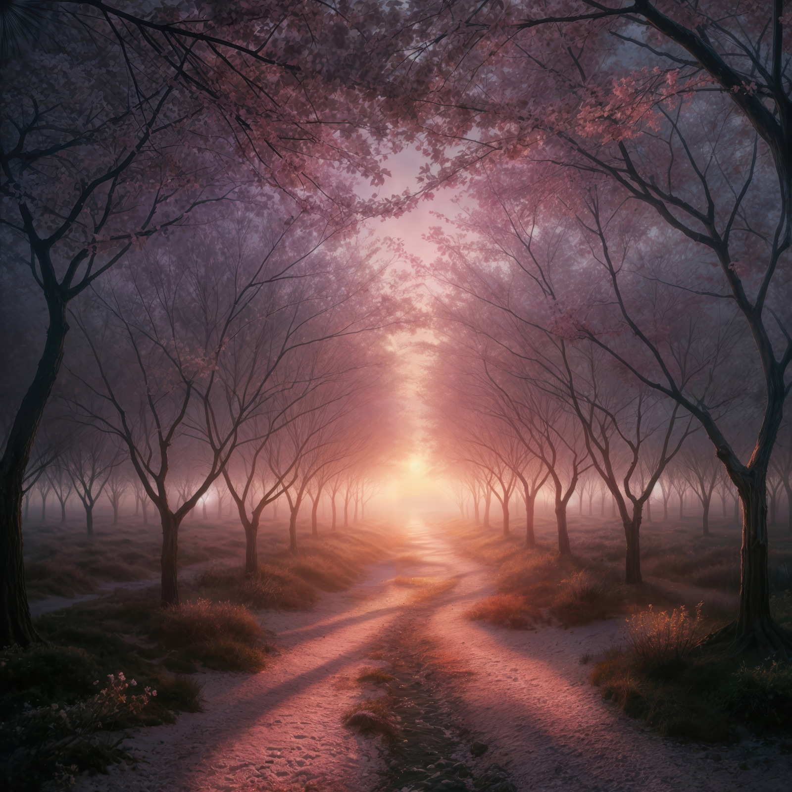 Mysterious pathway through a twilight forest filled with blooming trees and soft glowing light