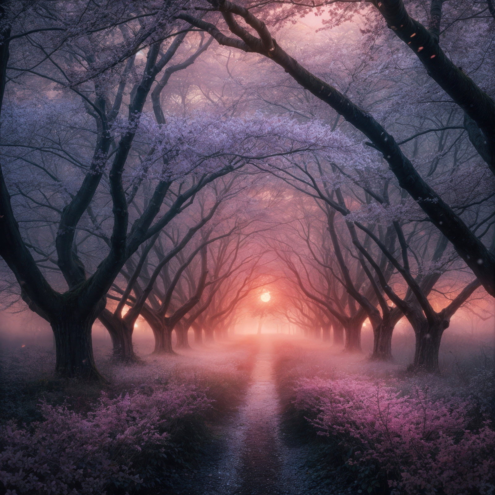 Magical twilight path through a dreamlike forest adorned with blooming flowers