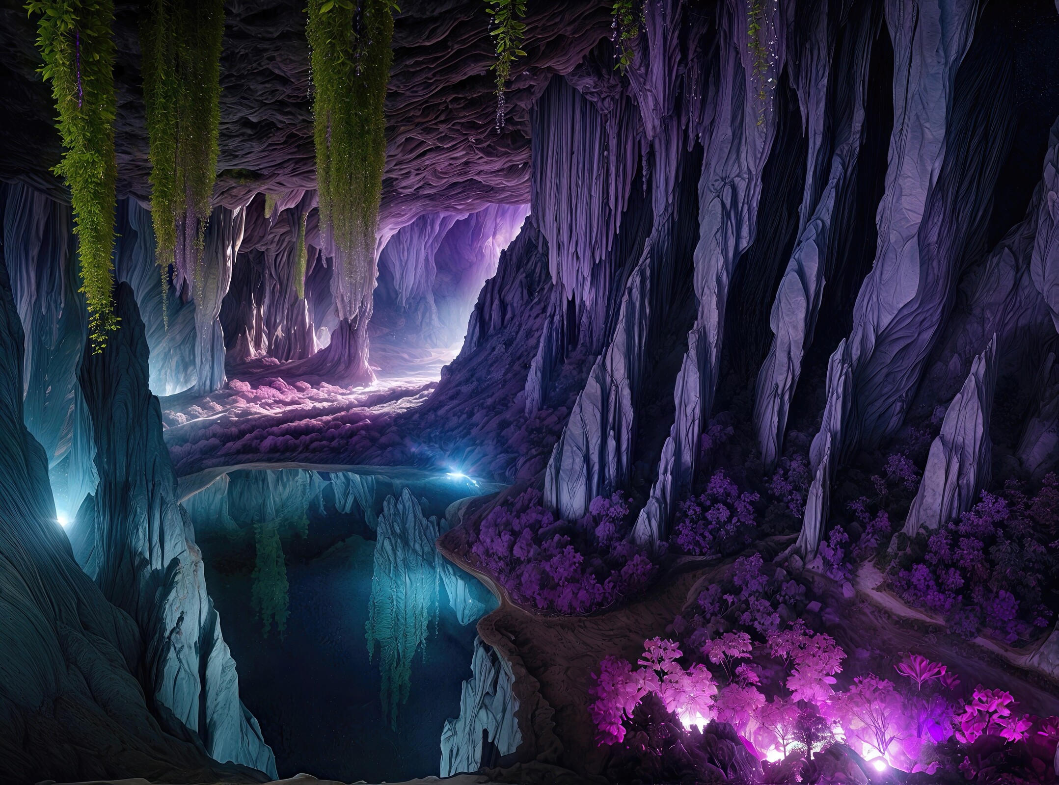 Enchanting underground paradise reveals vibrant flora and shimmering waters at twilight