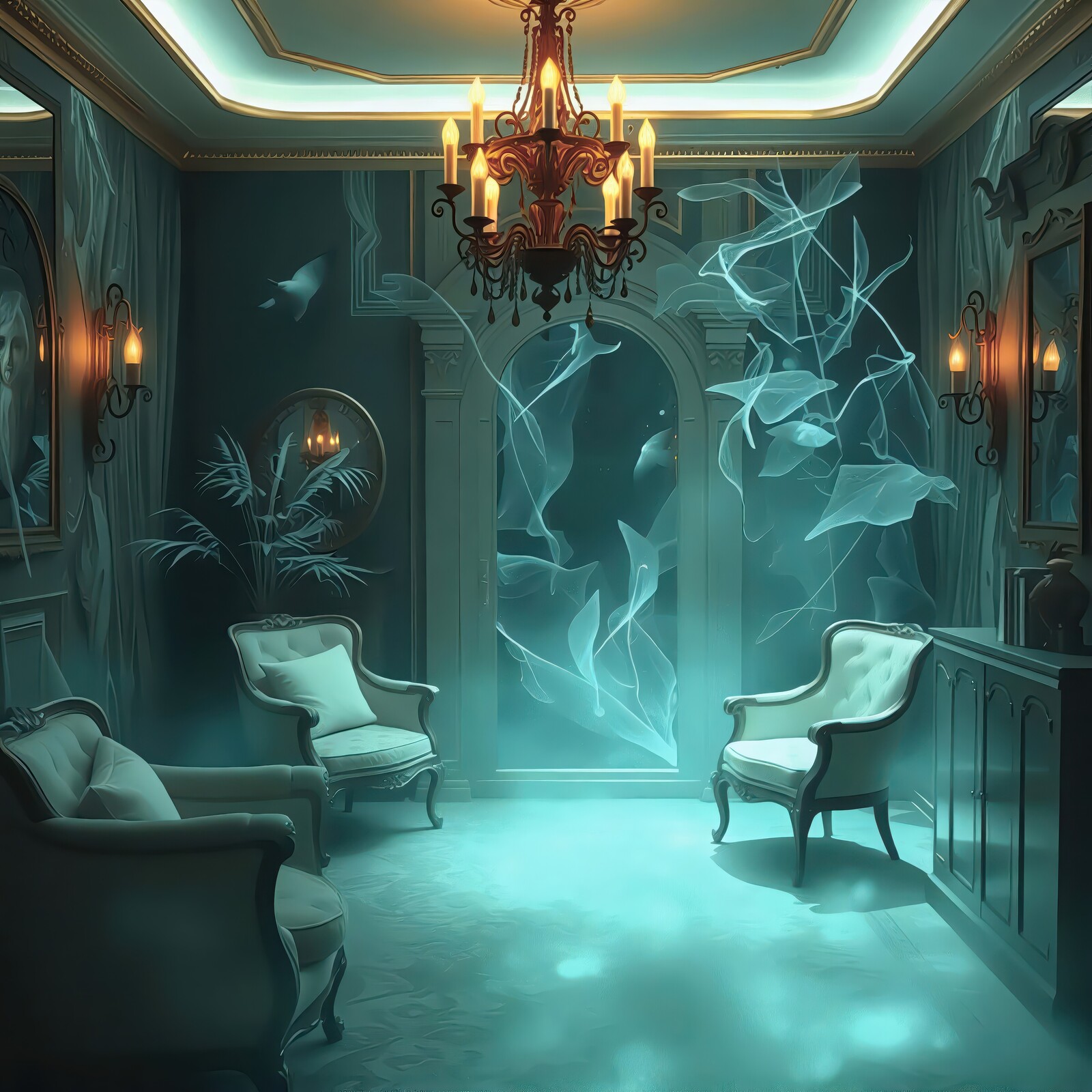 Mysterious underwater illusions in a dimly lit elegant room with ornate chairs