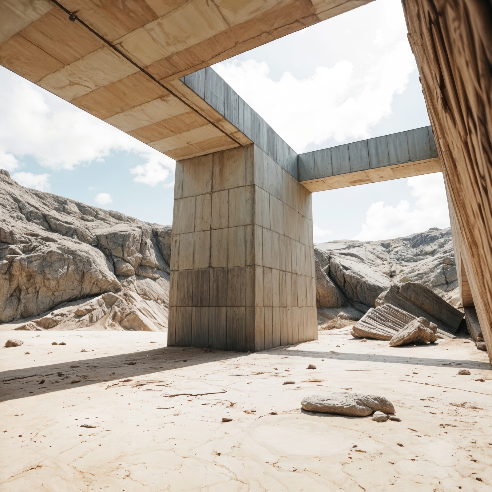 Unique architectural structure blends with rocky desert landscape under a bright sky