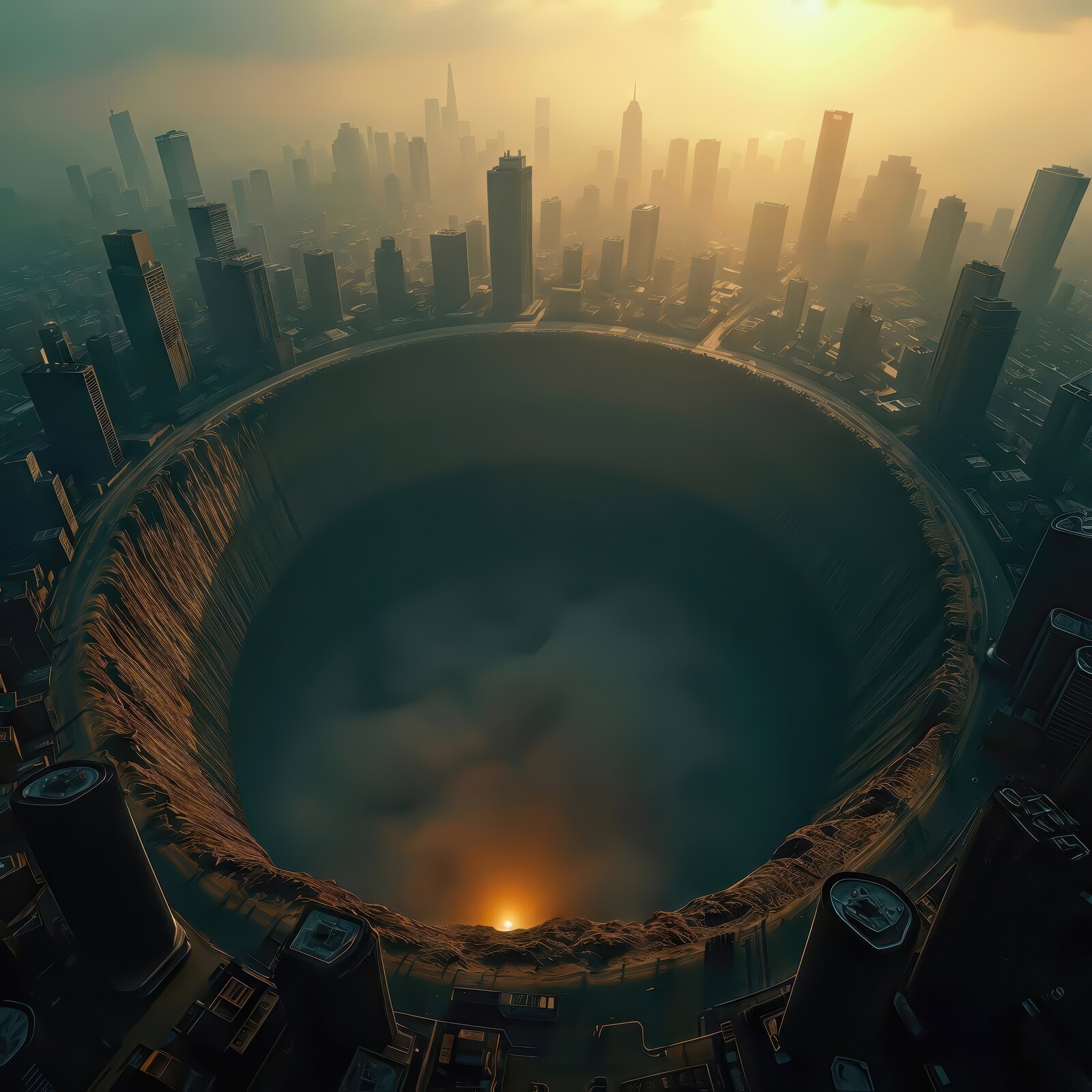 Unveiling the mystery of a massive urban pit at sunset over a bustling city skyline