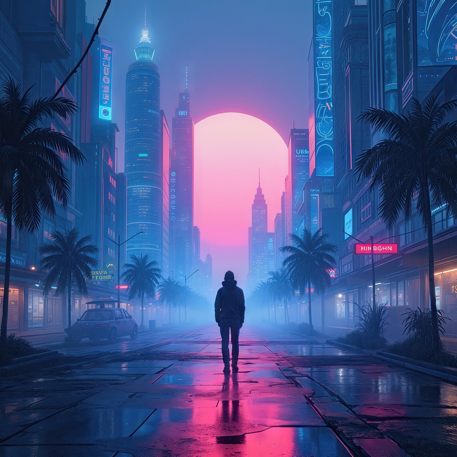 Urban silhouette against a vibrant neon sunset in a futuristic cityscape filled with skyscrapers and palm trees