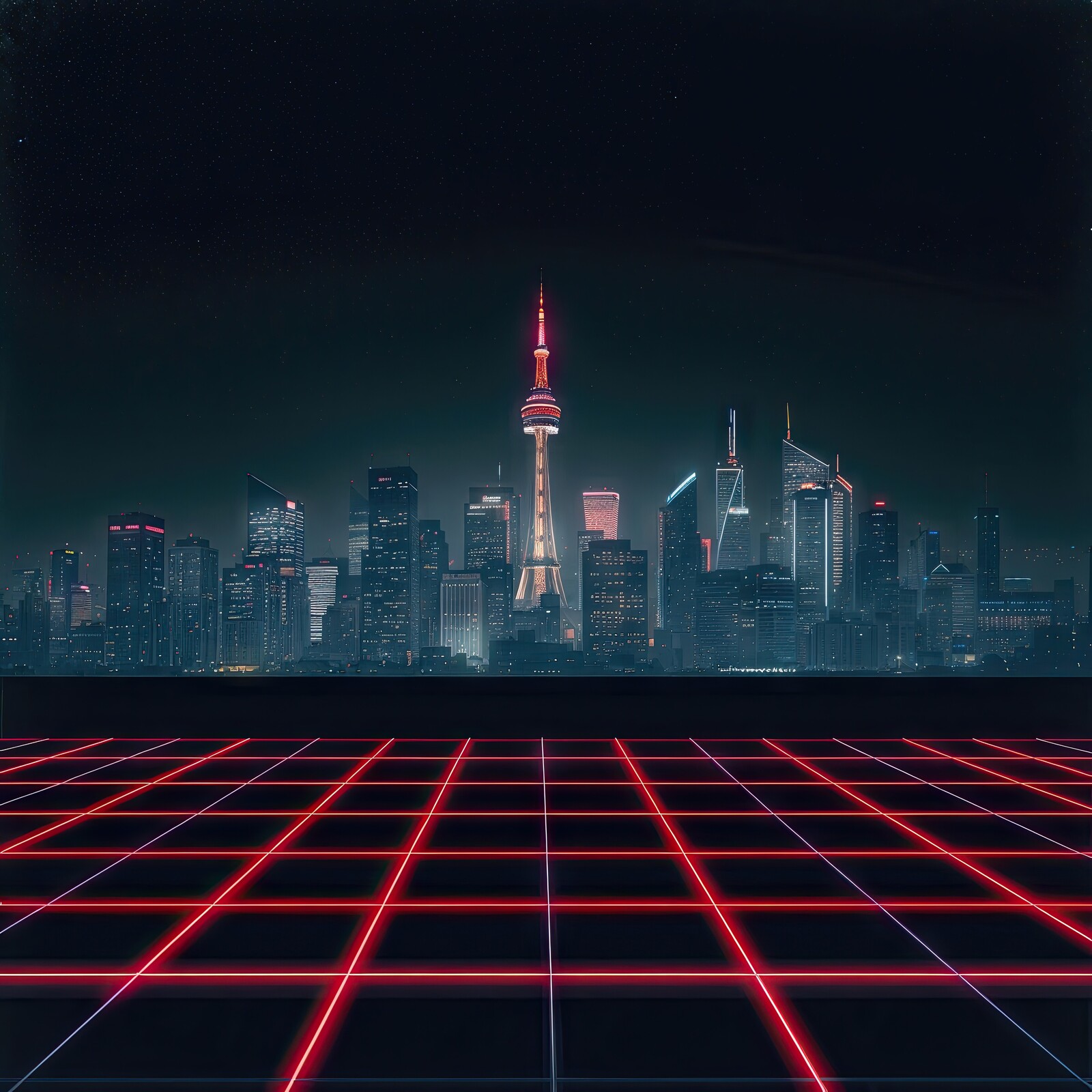Urban skyline illuminated by vibrant neon lights over a digital grid showcasing modern Toronto at night