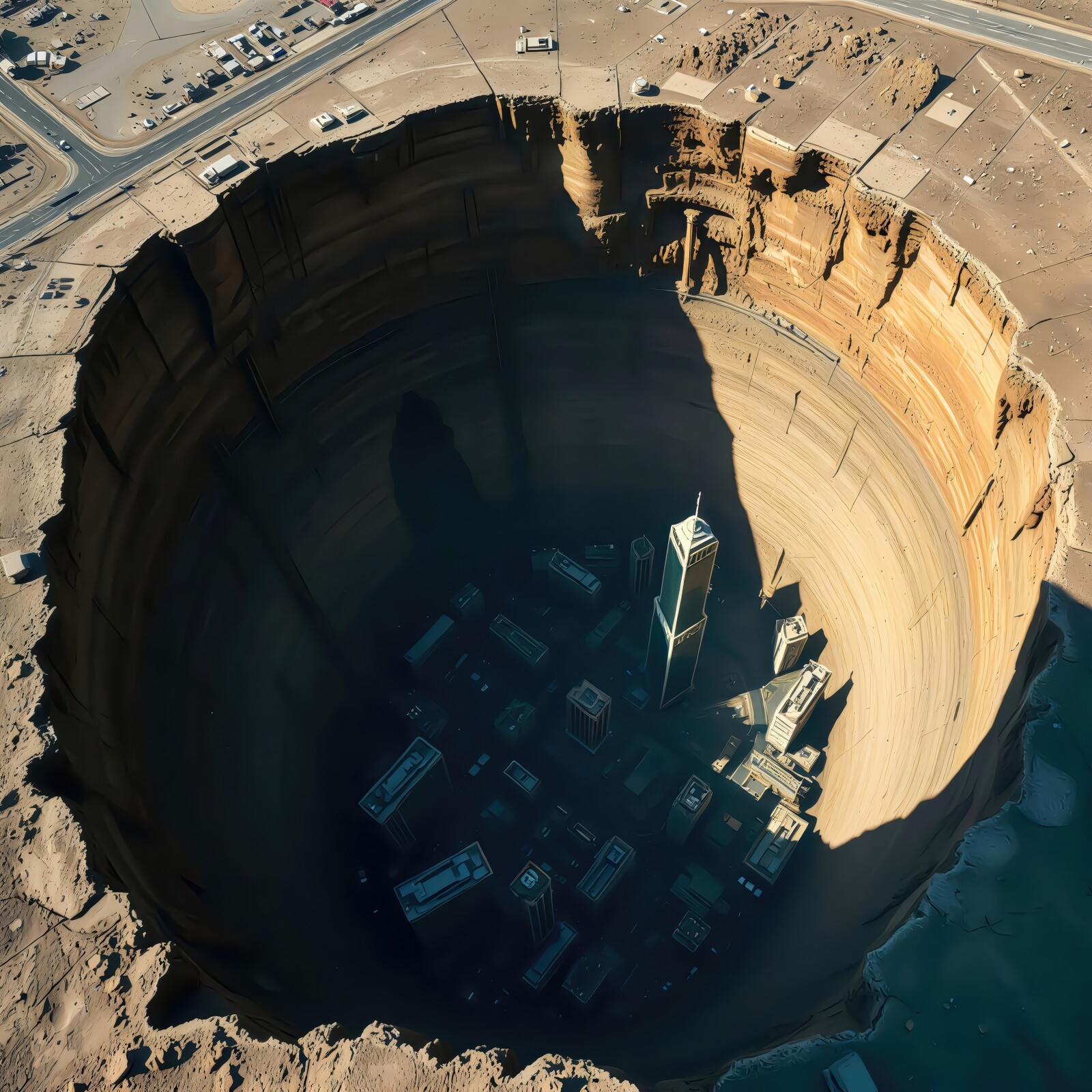 Vast canyon reveals hidden cityscape illuminated by ambient sunlight