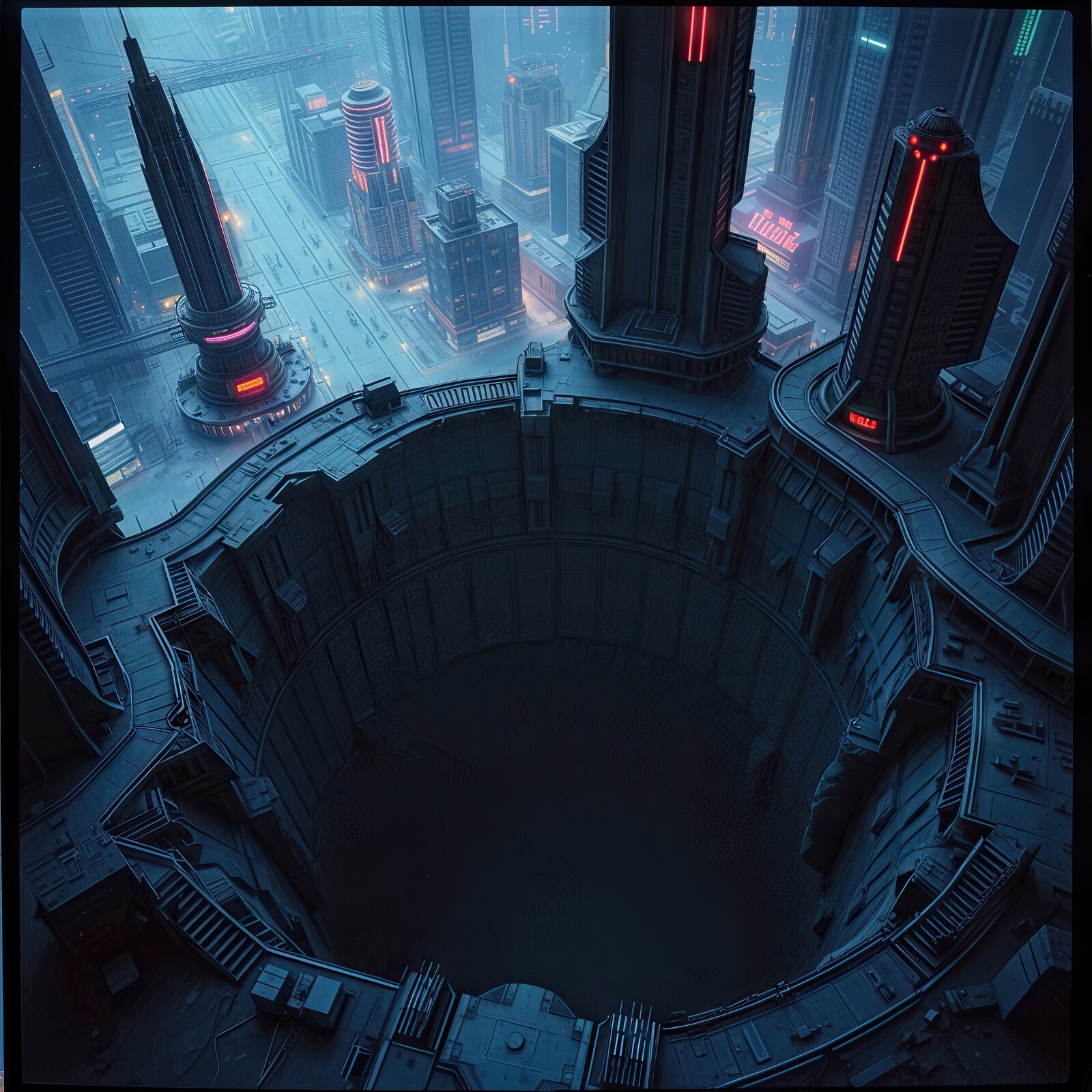 Vibrant cyberpunk cityscape reveals a mysterious chasm at dusk, humming with neon lights and technology