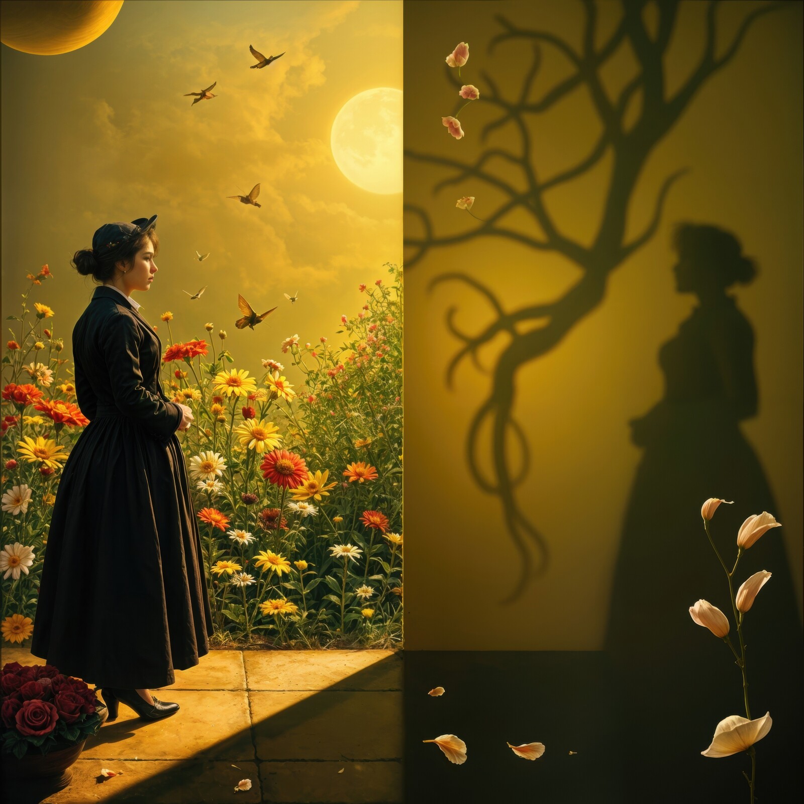 Beauty and grace depicted in a vibrant garden at dusk with shadows casting enchanting forms