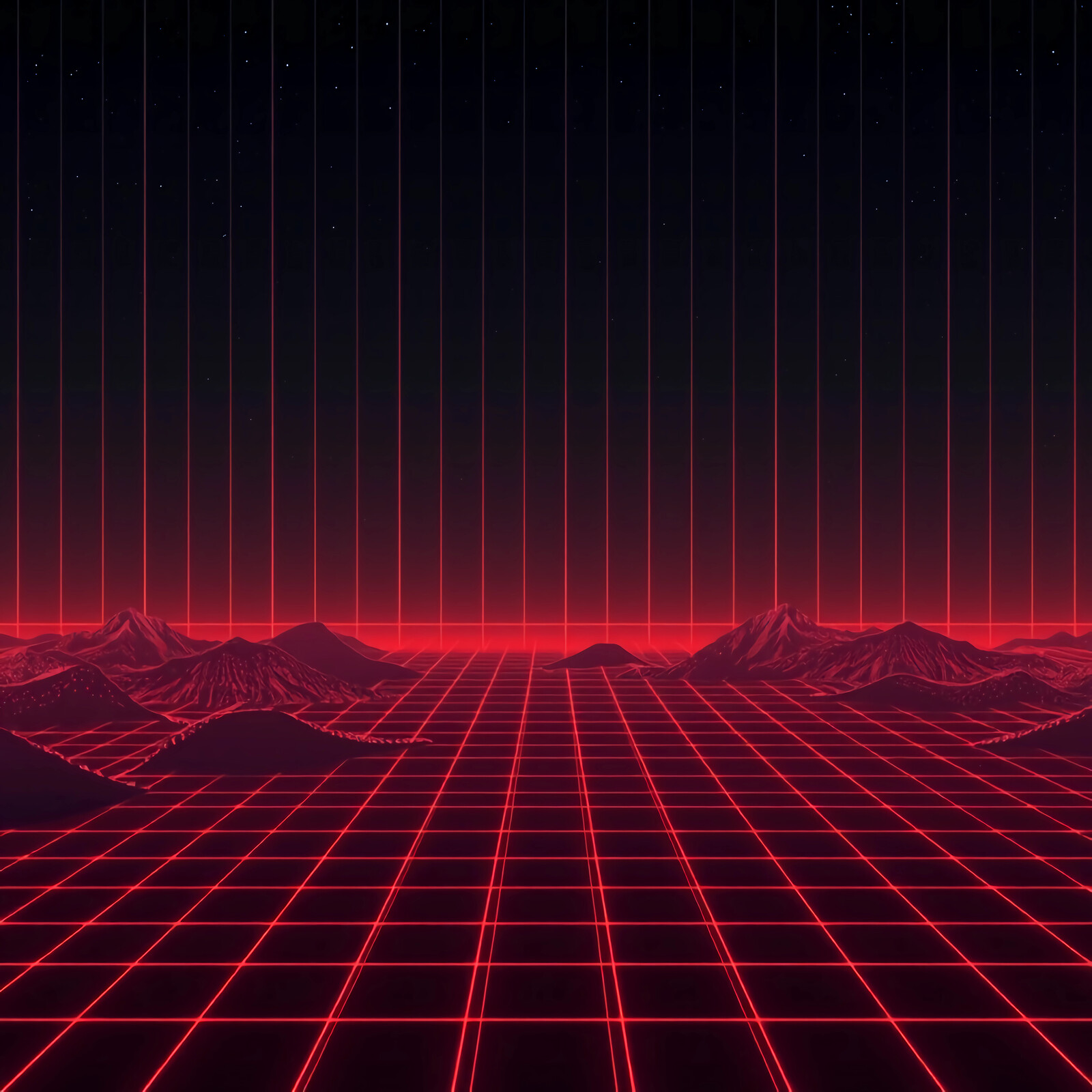 Vibrant retro-futuristic landscape featuring a grid horizon illuminated by neon red lights