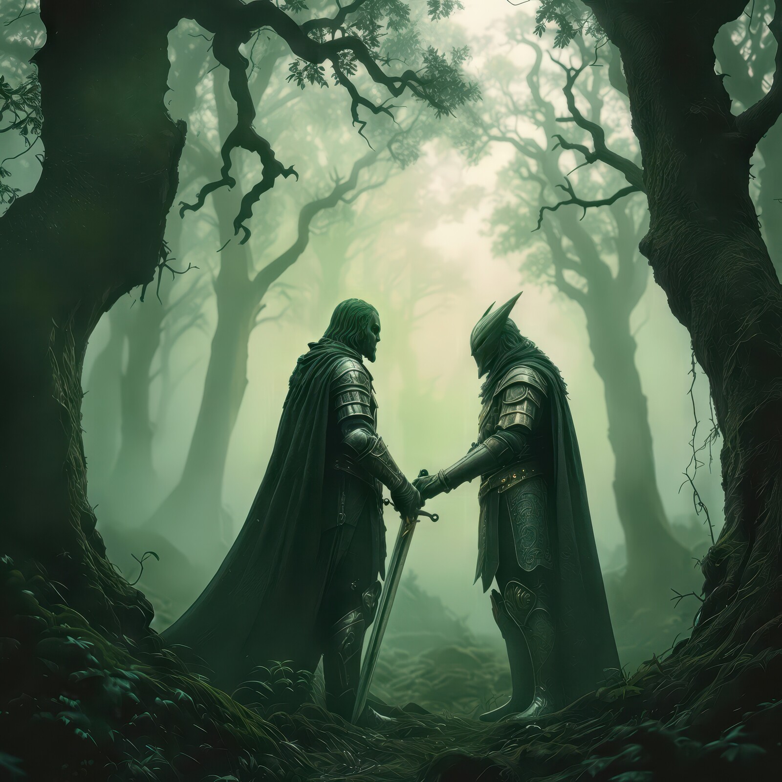 Warriors unite in an enchanted forest with mist swirling at dawn