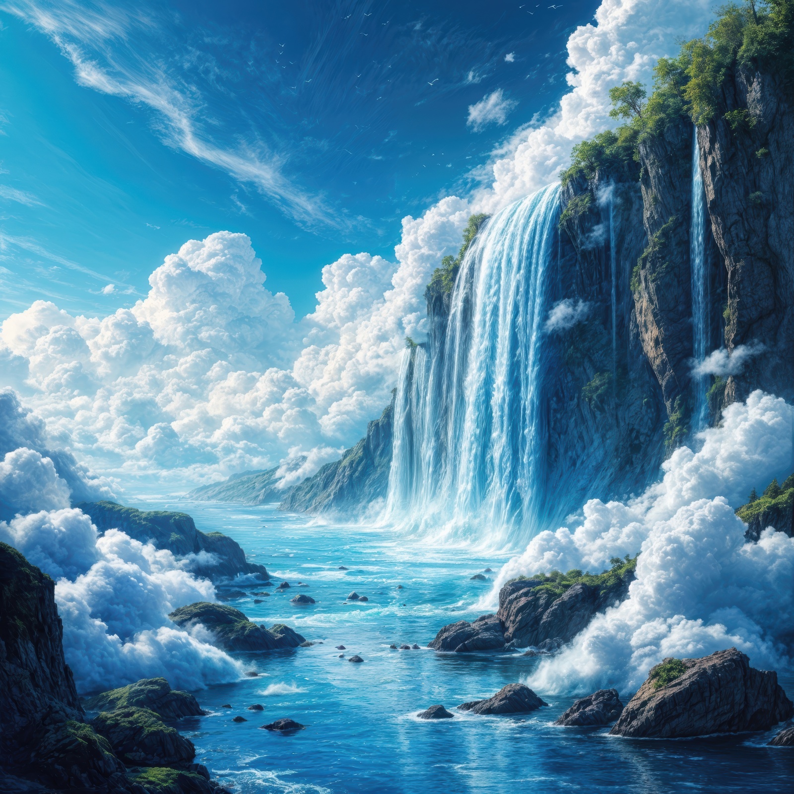 Majestic waterfall cascades through surreal clouds under a radiant blue sky