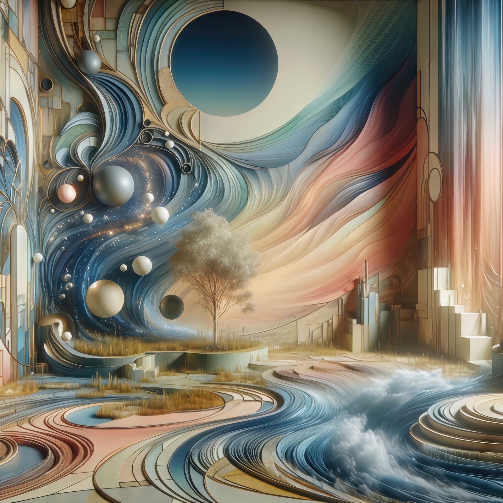 Waves of color and cosmic whispers create a surreal landscape beneath an azure sky