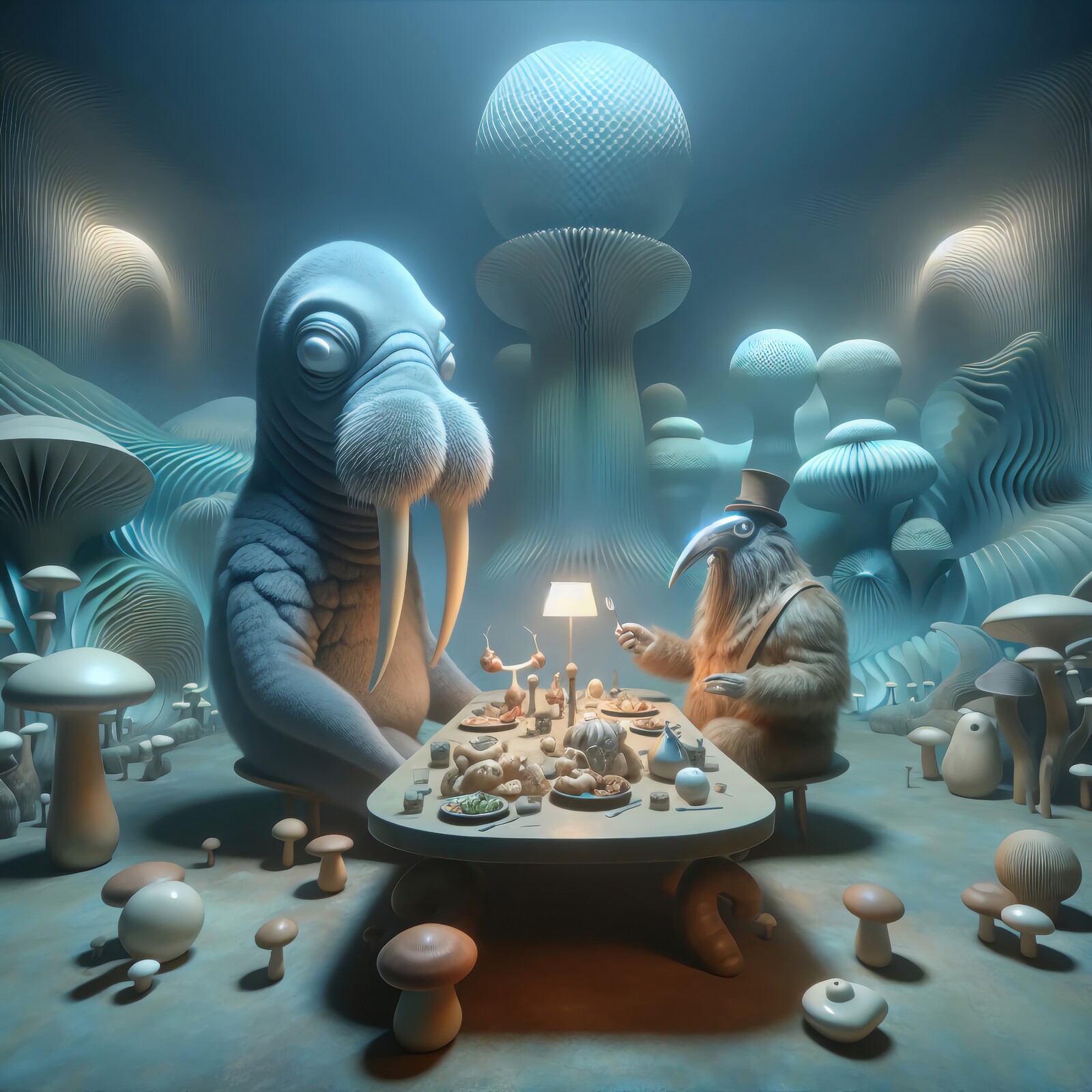 Whimsical dinner conversation between a walrus and a bird in a surreal mushroom forest setting