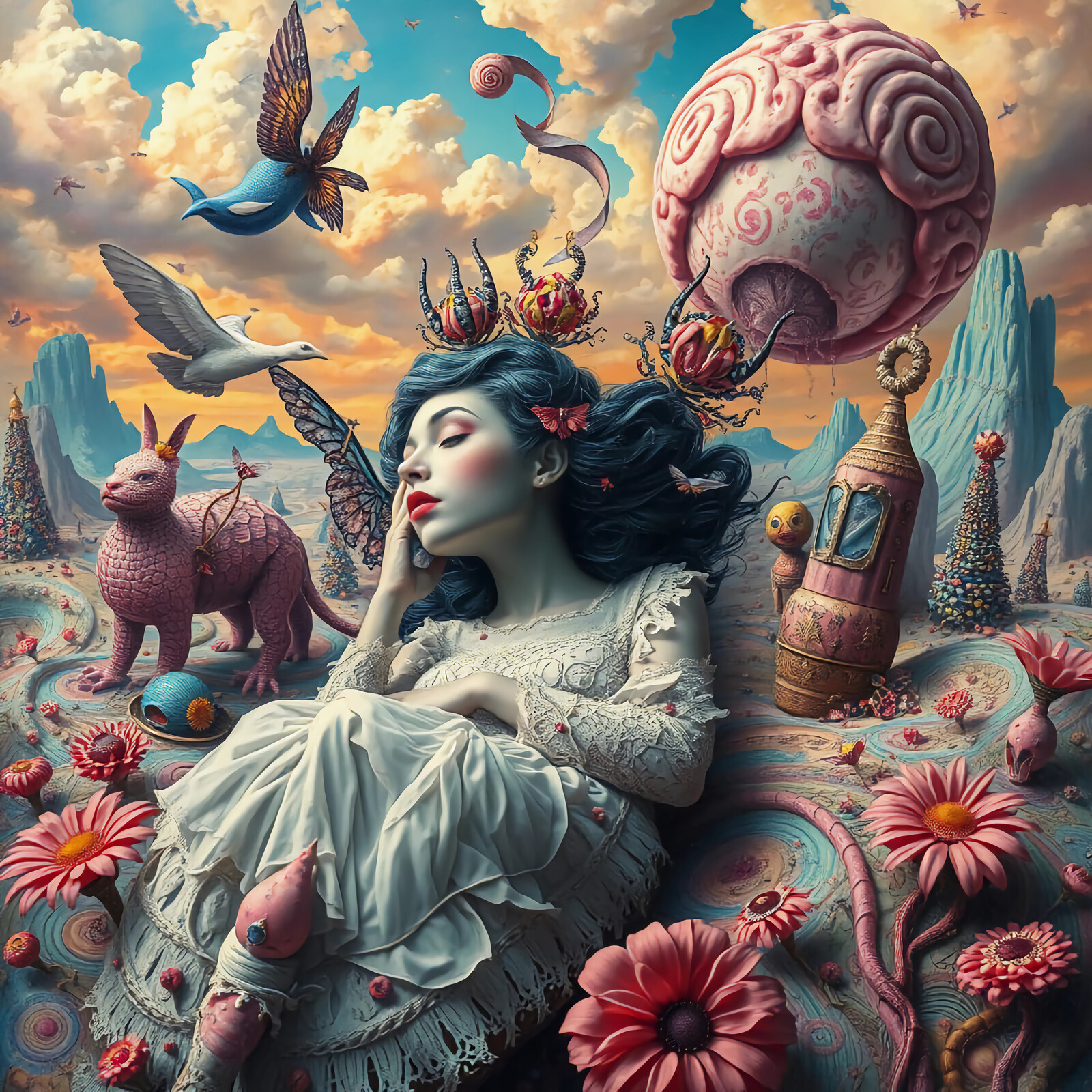 Whimsical dreamscape filled with fantastical creatures and vibrant colors at sunset