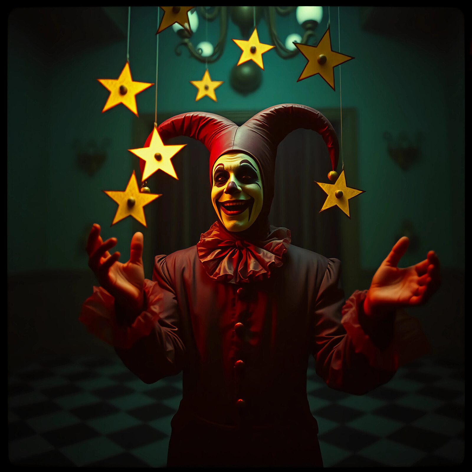 Whimsical jester interacts with magical stars in an enchanting dimly lit room