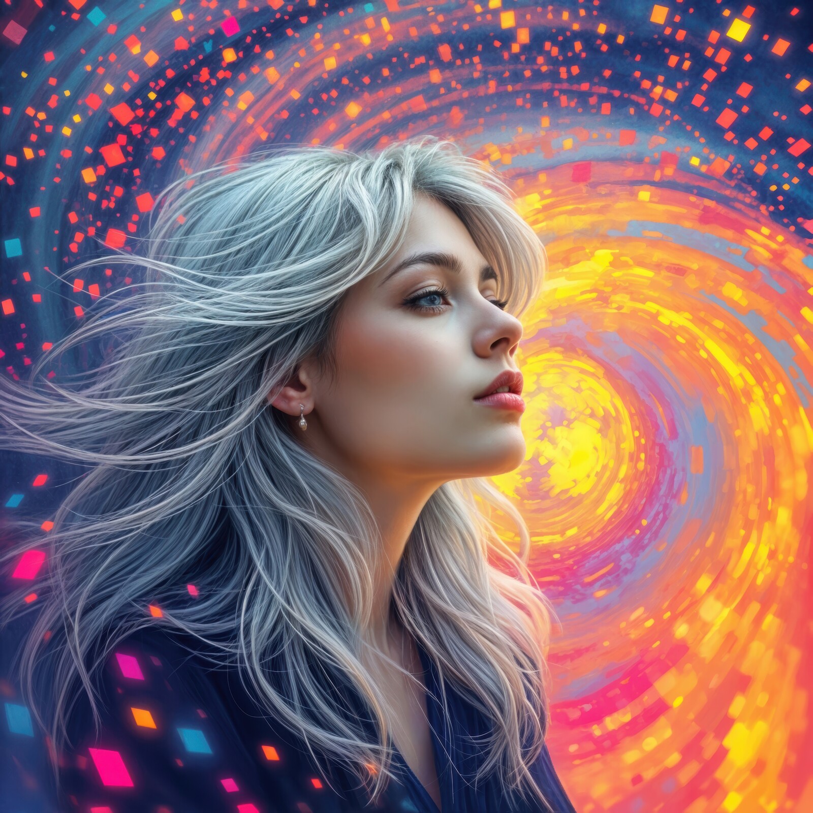 Whirling colors and ethereal beauty capture a moment of introspection in a digital realm
