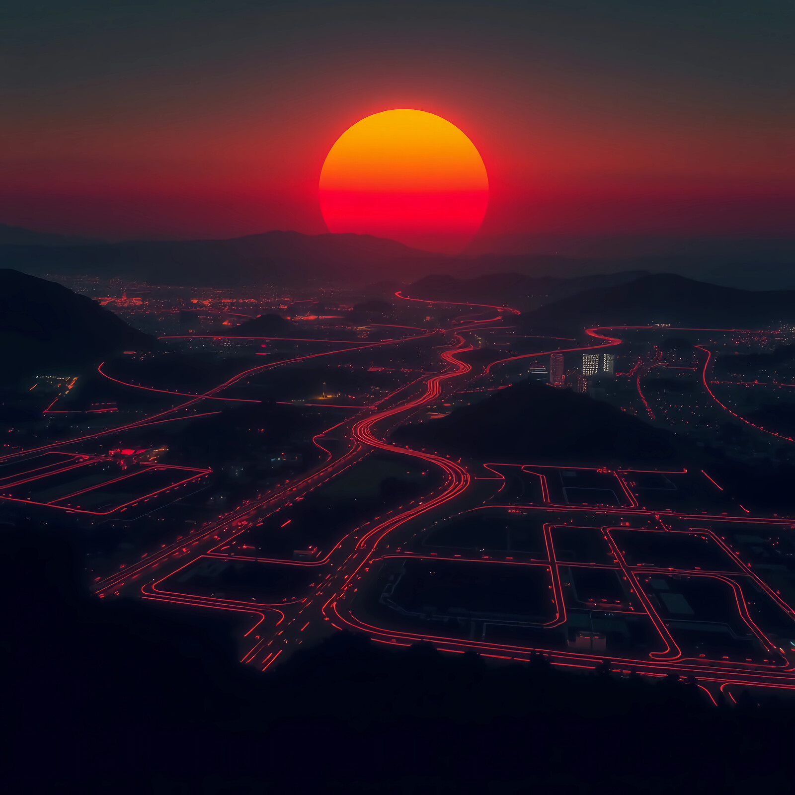 Vibrant sunset casts a golden glow over winding city roads and distant hills in a serene evening atmosphere