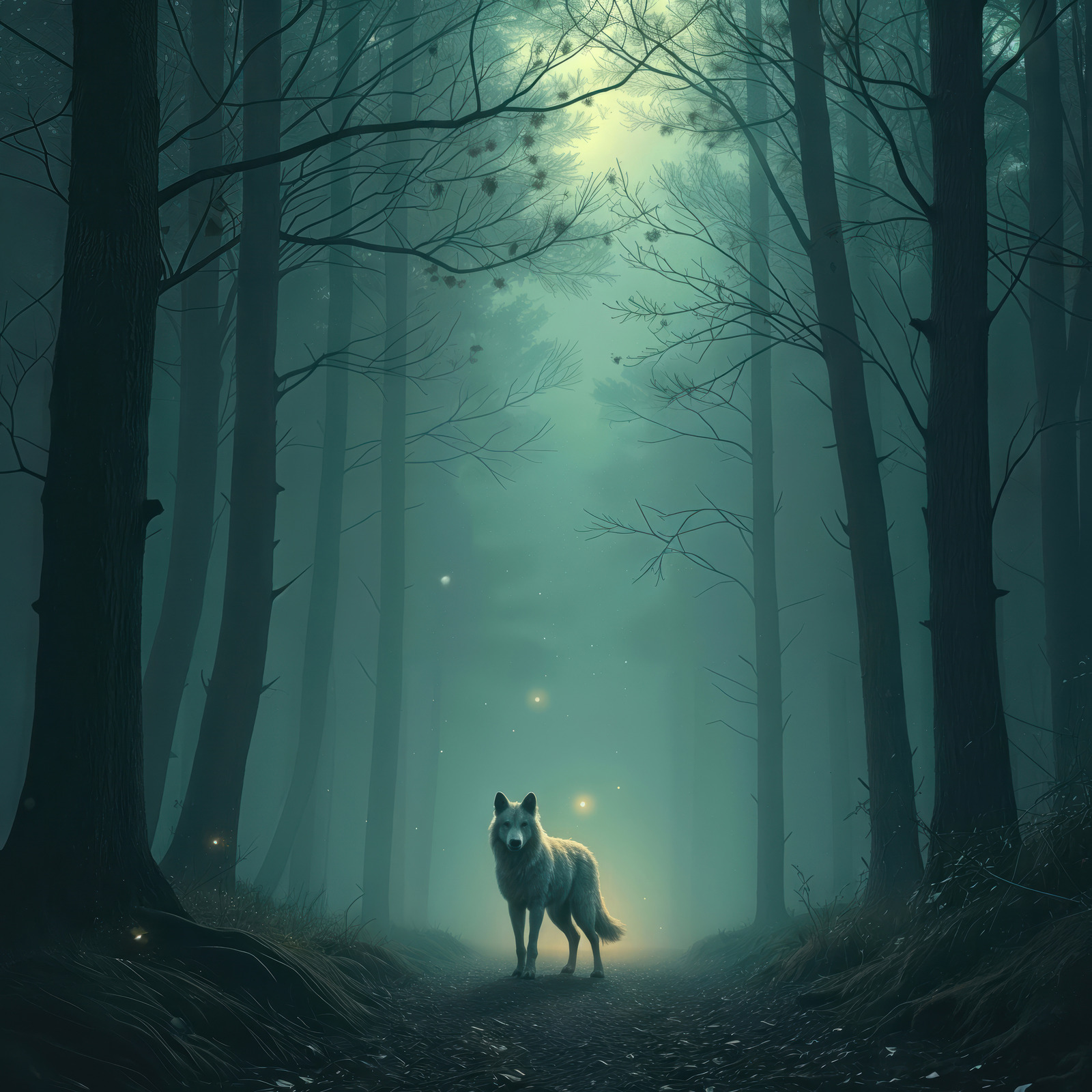 Liminal twilight reveals a lone wolf wandering through an enchanted forest with ethereal light