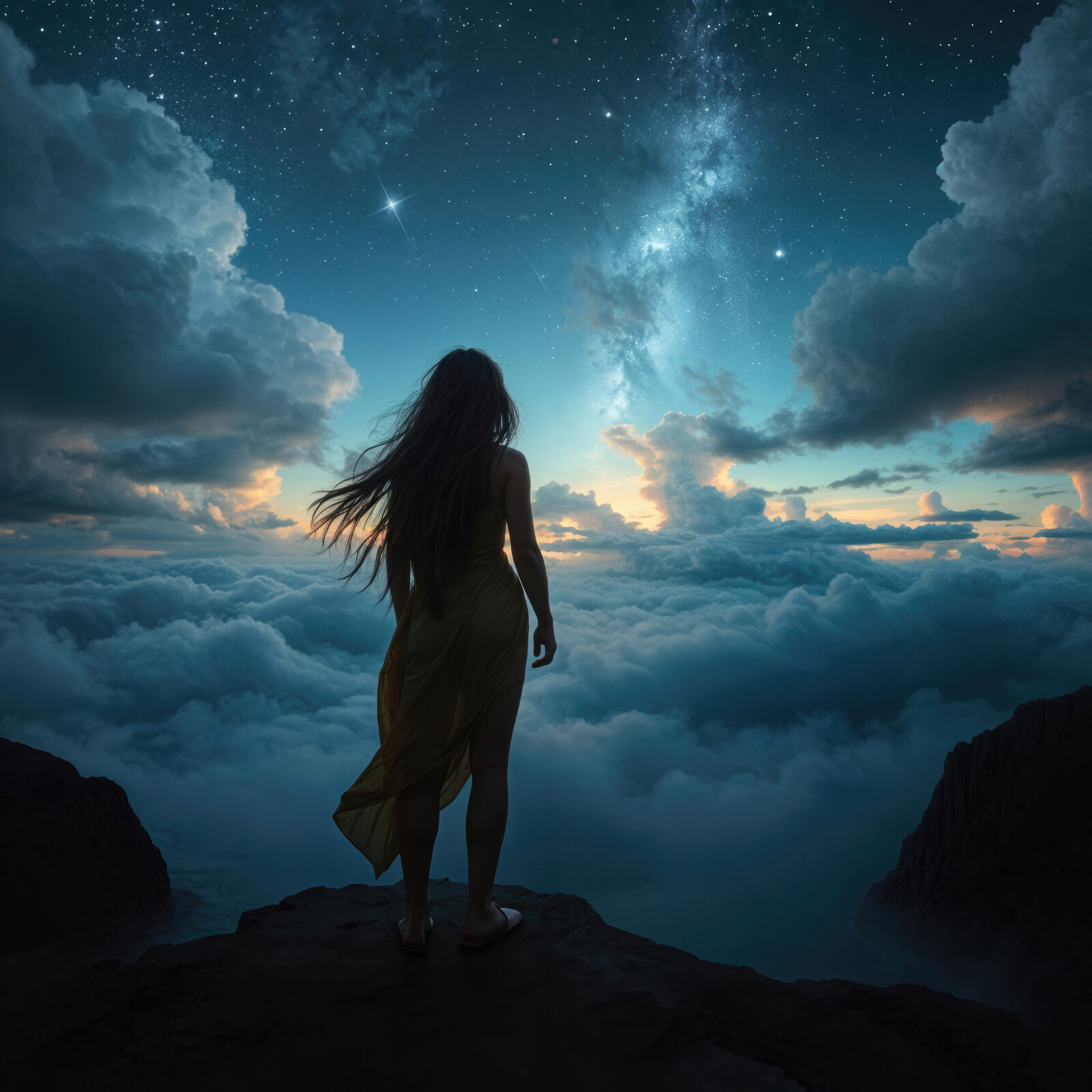 Woman gazing at a starry sky over clouds from a rocky cliff at dusk in a serene natural landscape