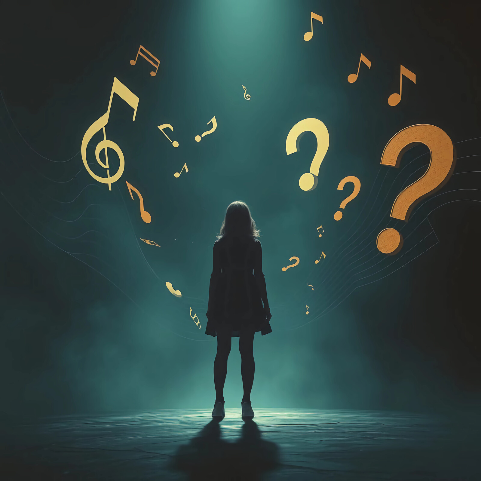 Woman stands in spotlight surrounded by floating musical notes and question marks in a mysterious atmosphere