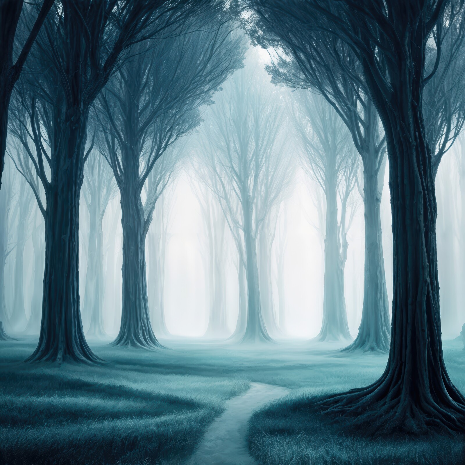 Misty woodland pathway invites exploration and tranquility among towering trees