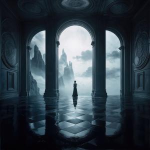 Enigmatic woman stands in a shadowy liminal hall, gazing at misty mountains in ethereal light