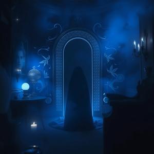 Mysterious figure shrouded in shadows before a glowing archway in a dimly lit chamber