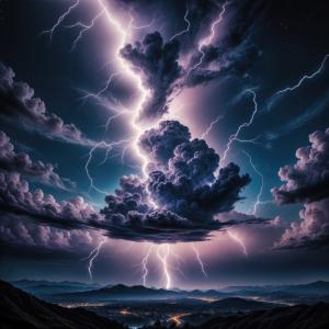 Intense lightning storm illuminates a night sky over a quiet valley