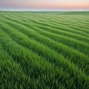 Lush liminal green fields stretch endlessly under a pastel dawn sky, capturing nature's tranquility in early morning light